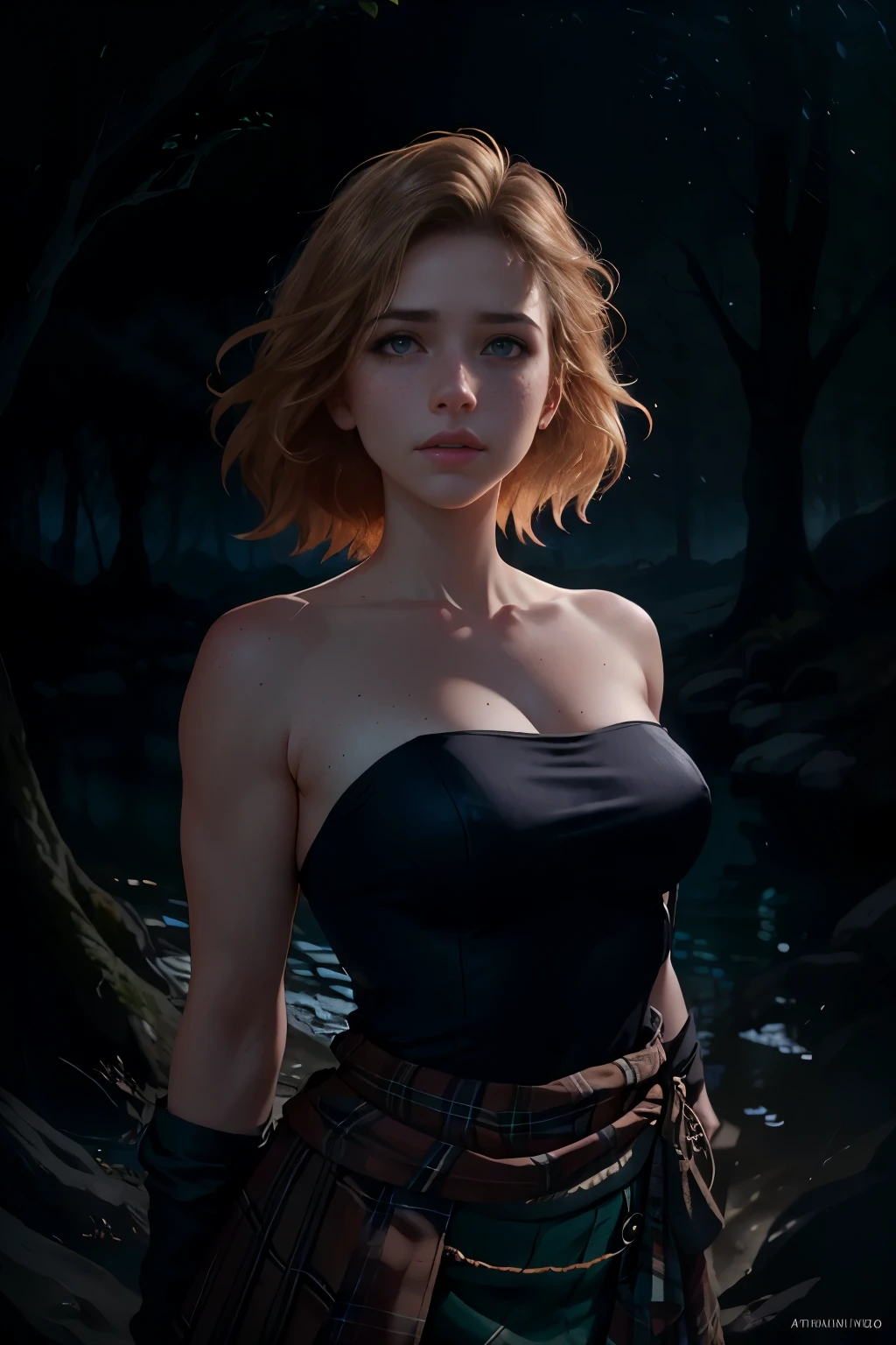 Deep Shadow, an ominous, Award-winning photo, highest quality, masterpiece, Upper Body, woman, freckled face, Windblown blonde hair, Emerald Eyes, Modern strapless dress by Jeremy Lipking, Antonio J.. Manzanedo, By Lee Jeffries Nikon d850 film stock photos 4 Kodak portra 400 camera f1.6 Lenses、Rich colors、Ultra-realistic and realistic texture、Dramatic lighting、Unreal Engine、Cinestill 800, a hot topic on Artstation, Fisheye Lens, Style: Quilt, Windy beach, Scottish lake, forest