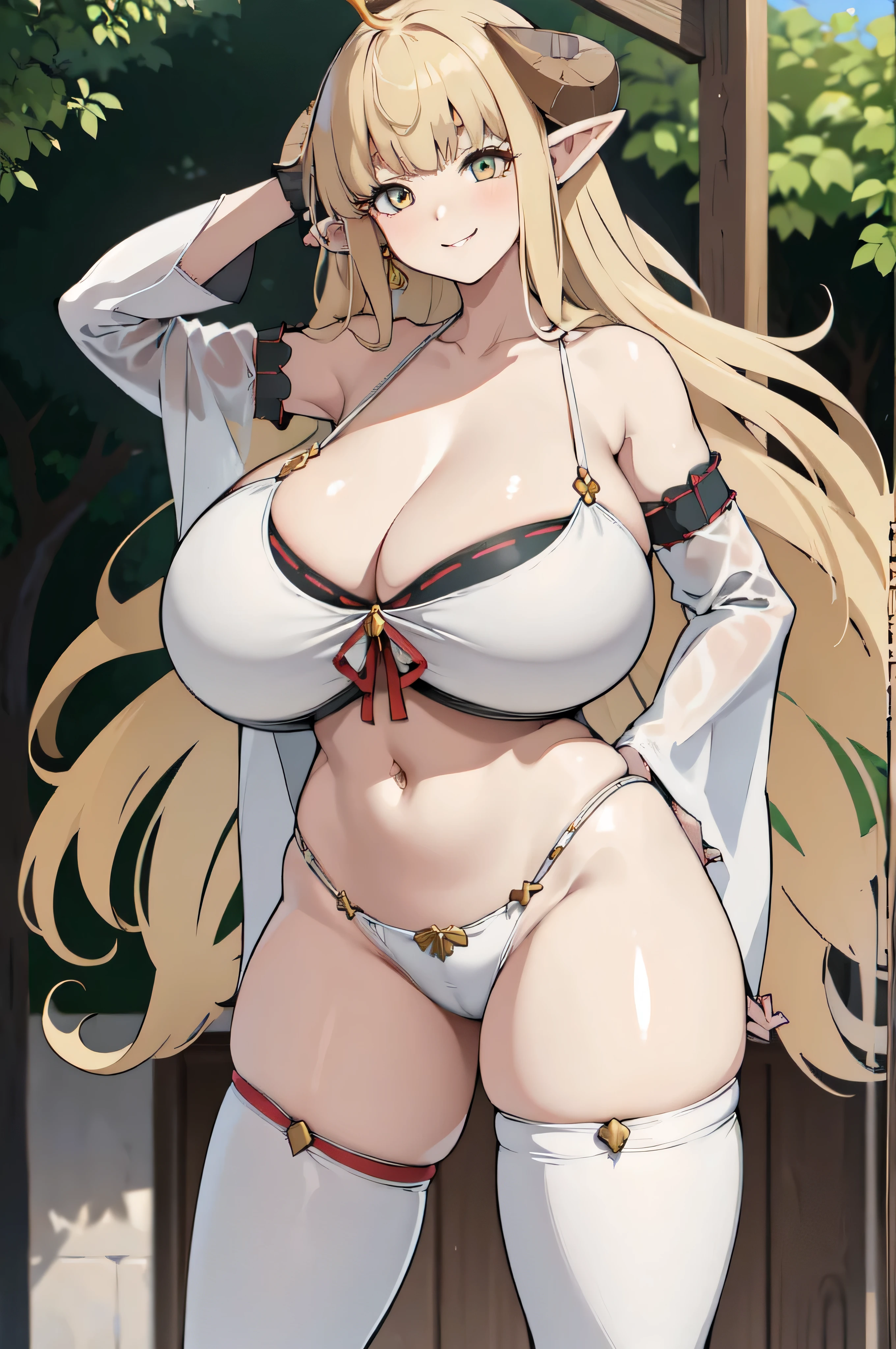 masterpiece, best quality, ultra high res, beautiful detailed hair detailed face, perfect feminine face, smile, gray eyes, an anime drawing inspired by Konoshige, pixiv, danbooru, (konoshige_(ryuun)), (((attractive elf queen))), straight long hair, ((gigantic breasts:1.5)), breasts curtains, breasts apart, (huge cleavage), pointy ears, long pointy ears, earrings, hoop earrings, blonde hair, hair between eyes, ((all white clothing)), clothing cutout, navel, navel cutout, revealing clothes, pelvic curtain, thighhighs, white thighhighs, (standing), walking on fantasy forest, art by sakimichan, george kamitani, akira yasuda