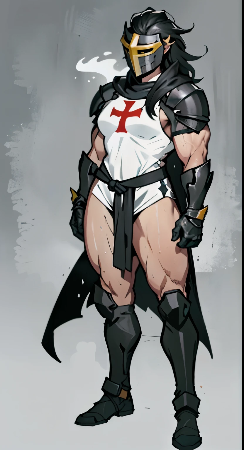 girl (1girl muscular grey background pale skin bodybuilder) toned body large breasts thin waist black hair yellow eyes straight hair sweaty hair between eyes skintight , epic realism, Full body, knight templar, crusader knight, Templar Helmet, Templar Armor, sideboob