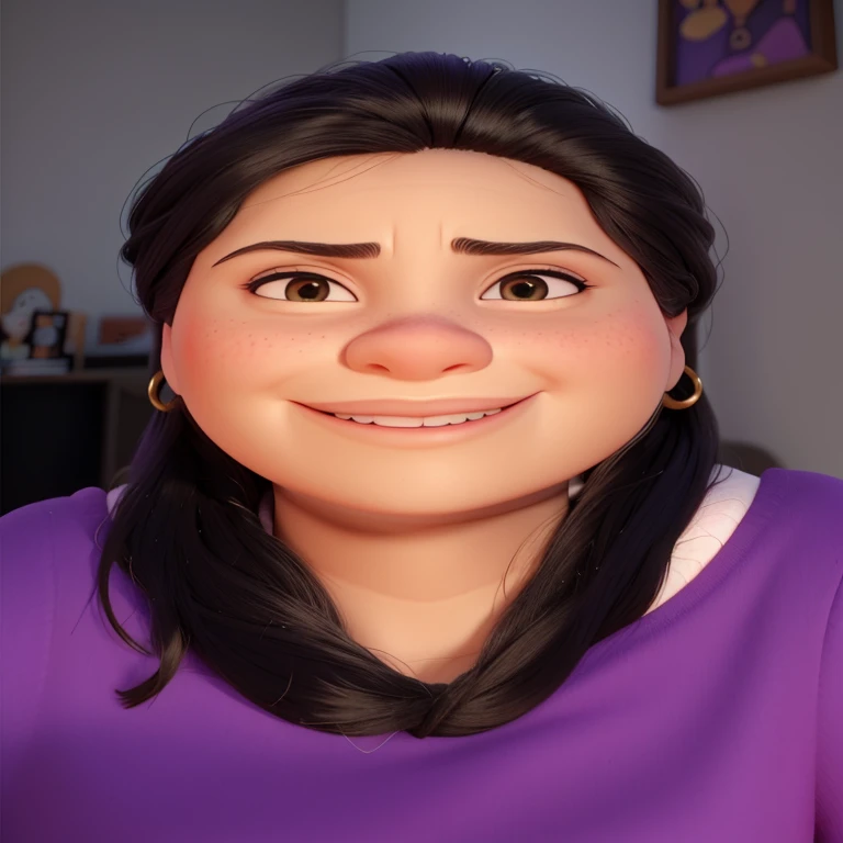 Mujer sonriente con camisa morada y aretes frente a una foto., como personaje de Pixar, como personaje de claymation, extremely Cara realista, Cara muy realista, very Cara realista, Maya realista, Cara realista, Persona realista, Cara realista y detallada, Disney fotorrealista, Cara real detallada, Cara realista, detailed Cara realista, Cara detallada y precisa, cara realista