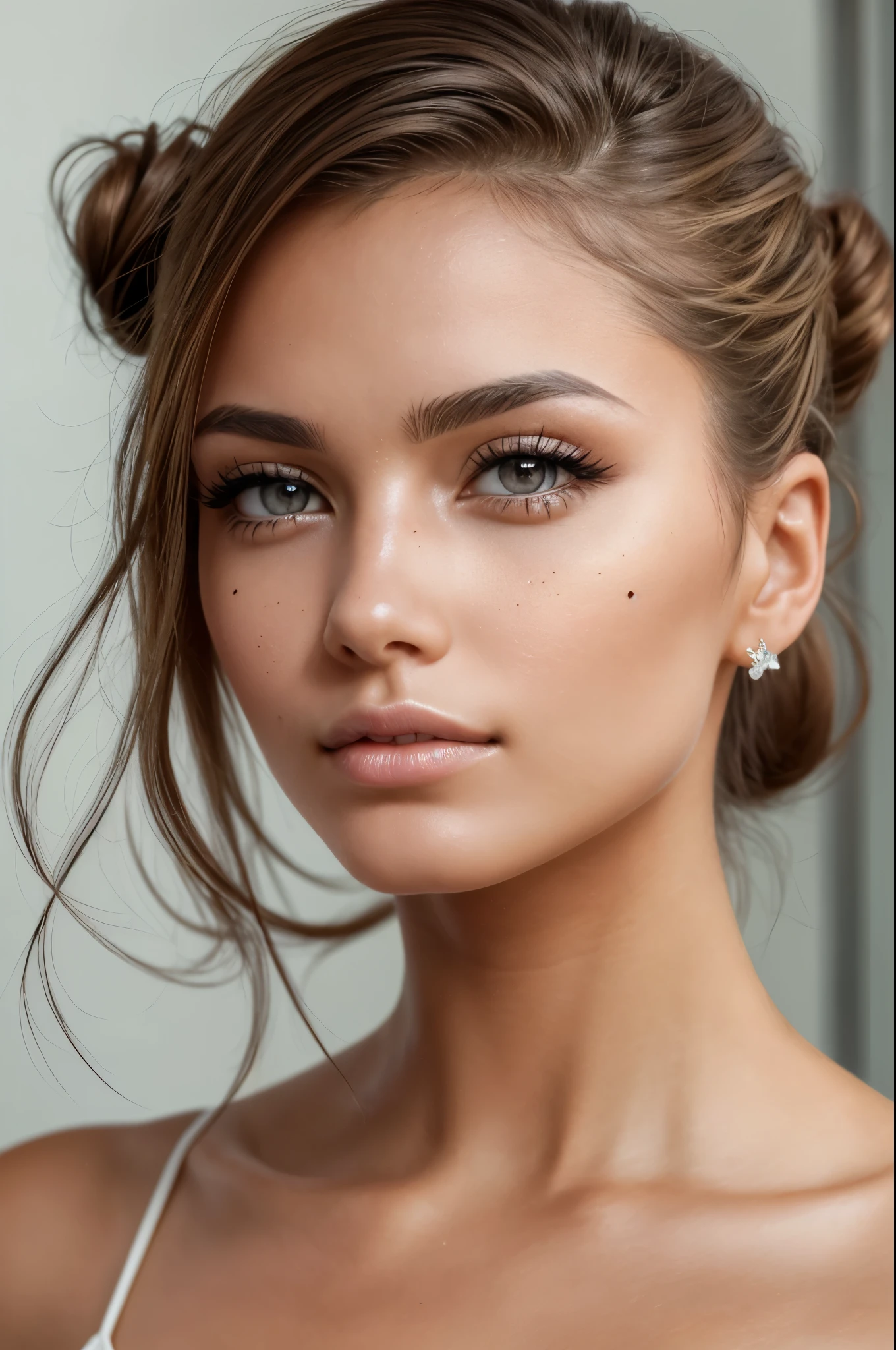 A close up of a beautiful woman's face, focus on her little mole, imperfect skin, gorgeous eyes, soft lips, hair in a bun, shallow depth of field, macro lens, hyper realistic, crystal clear image, sharp, imperfect hair