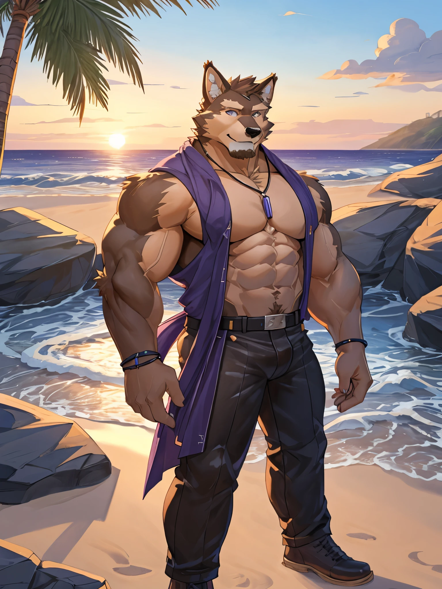 Masterpiece, Solo, Masterpiece, Pubraseer, Adult, Manly, Furry Dog Shepherd, Brown Furs, Purple Eyes, Smiling, Muscular Body, Veins in the Muscle, Charm pose, Beach, Sunset.