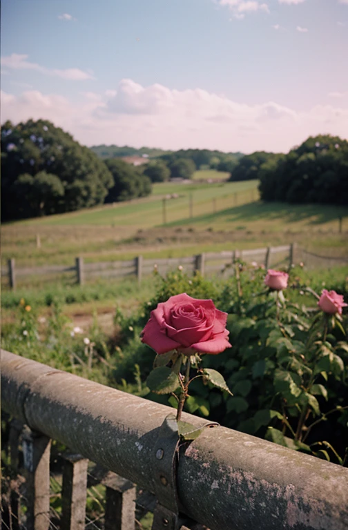 There's a pink rose growing on the barbed wire fence, Fotografado com uma lente Canon 35mm, foto de uma rosa, Tomado com uma Pentax K1000, tomado com um pentax1000, Duas portas de 5 mm, Tiradas com o Kodak Portra, rose twining, rosa rosa, Tiro de 35mm