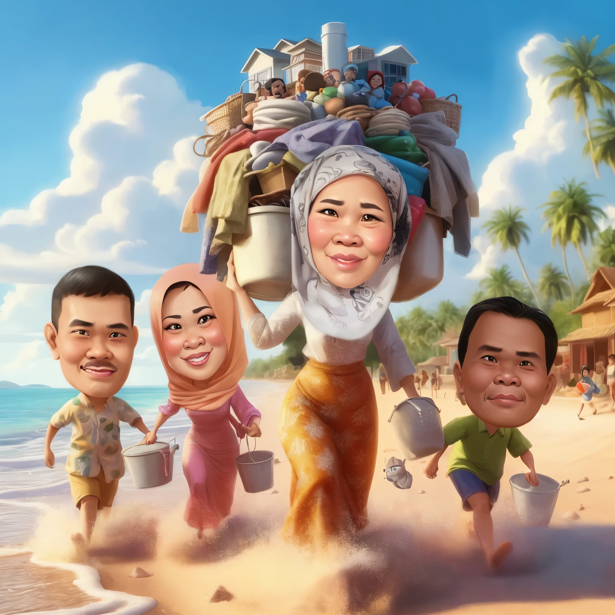 a close up of a cartoon of a woman carrying a bucket of food, an indonesian family portrait, caricature illustration, caricature, in cartoon style, caricature style, family, cartoon artstyle, barong family, caricature!!!, potrait, vacation, digital art cartoon, full protrait, happy family, cartoon digital art, illustrative, family portrait, cartoon digital painting