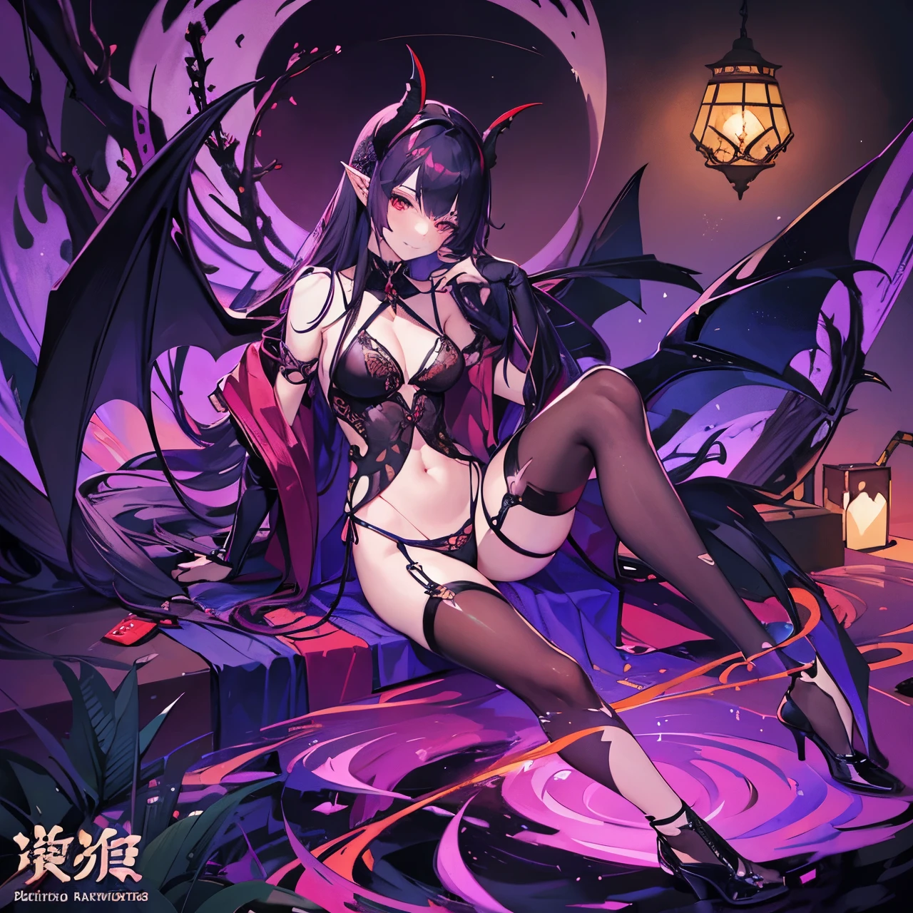 portrait,solo person,a beauty girl,Hair over the shoulder,succubi,Happy,pointy ears,goat horn,high-heels,Put your hand to your mouth,Crossed waist with one hand,Whitish skin tone,Bow collar,比基尼,grin,Magic pupil,a garter belt,The demons,The demons翅膀,Bat wings growing on the back,Crop topping,Sexy dressing,underwear,The demons尾巴,Arrow shaped tail end