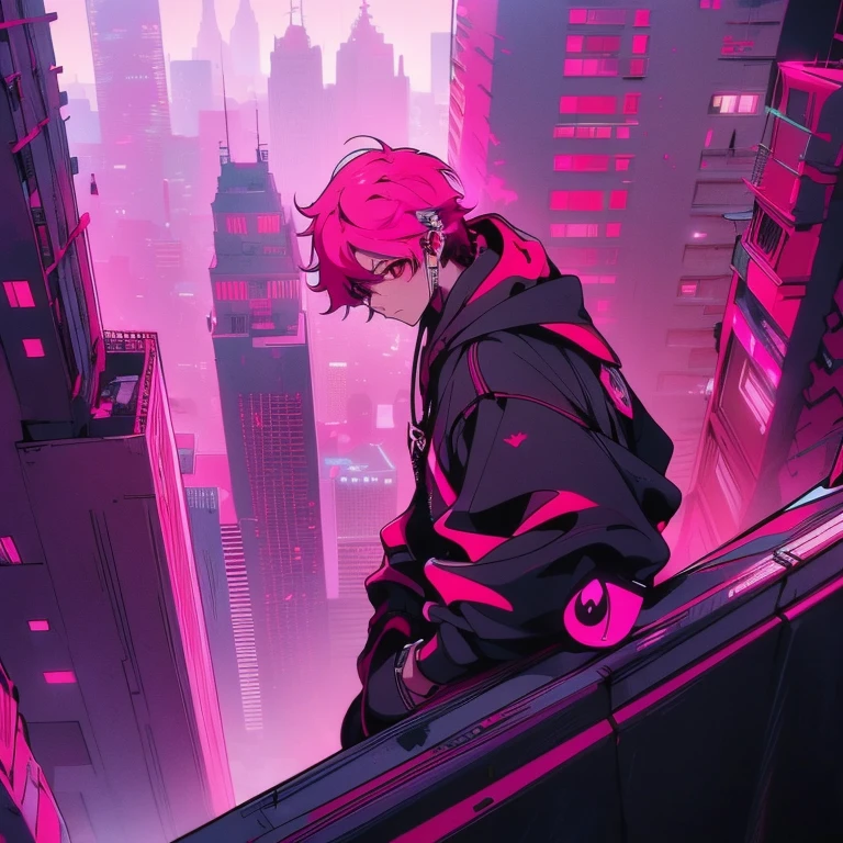 (short-cut), (Two-block hair), (vivid pink hair), (male character), (Red Eyes), (Cool pose), (of the highest quality), (masterpiece), (ultra-detailliert), (Oversized hoodies), (Street), (neons), (Camera from a down angle), (Modern City), (neonsデイライト), (Cinematic), (Stylish), (hight resolution), (Hyper Detailed), (Looking at the camera), (Anime-style), (Softtown), (nightcore), (a handsome man), (Listening to music through headphones), (natural appearance of the building), (casual), (ig studios anime style), (Super beautiful angle of view),