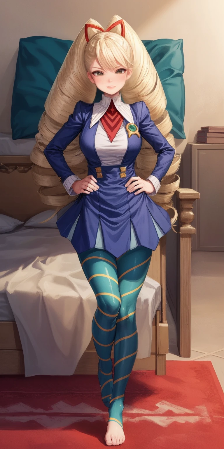 SFW, SLAVE FEMALE, Maid for sale. An African (very black skin) domestic worker for text "US dollar" full body, barefoot, standing straight symmetrical, huge boob(masterpiece, best quality:1.2), smirking smile, red blush, wet body, looking at viewer, hands on hips, twintails, twin drills, dress, blue pantyhose, striped pantyhose, Handcuffs on their hands, With a collar around the neck, slave catgirl ((black choker, shackles on legs and armedroom background (bed, pillow, sheet))