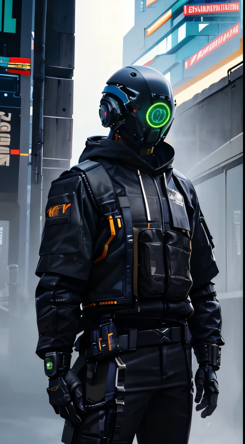 masterpiece, realistic dslr photo de vaquero mecha, con un traje negro y verde con una mochila, Cyberpunk asymetric Streetwear, Traje oversized cyberpunk, cyberpunk street goon, Uso cyberpunk, Techwear cyberpunk, Estilo cyberpunk silenciado, Lleva ropa de calle futurista estilo cyberpunk, Soldado cyberpunk del futuro, mercenario futurista, ambiente callejero, peligroso, ghetto, Estilo cyberpunk hiperrealista, japones, ronin, Toda la ropa negra holgada, capucha del hoodie sobre el cibercasco, crow in cyber armour, brazos mecanicos, brazos roboticos, cyborg, cibercasco HUD, tecnologia avanzada, alta tecnologia. futurista, imponente, agresivo, ropa desgastada, intimidante, musculoso, octane render, 4k, maya, substance, iluminacion cinematica, sci-fi scene, mejor calidad, hdr, autofocus, toma nitida, luz del atardecer, misterioso mercenario cyborg del futuro cyberpunk, dramatico, intrincado, no hay humanos, robotic, cyborg, mercenario, cibercasco, chupas!,