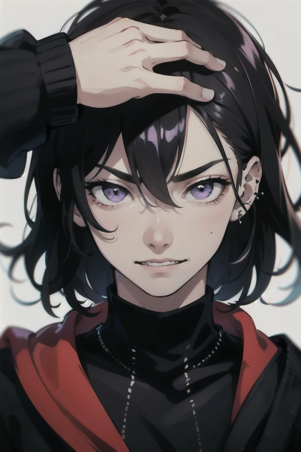 A teenage boy with long, wavy black hair, piercing violet eyes, wearing a black sweater, gazes at the viewer with a psychotic facial expression, sporting a sinister smile and baring his teeth, against a blank white background.