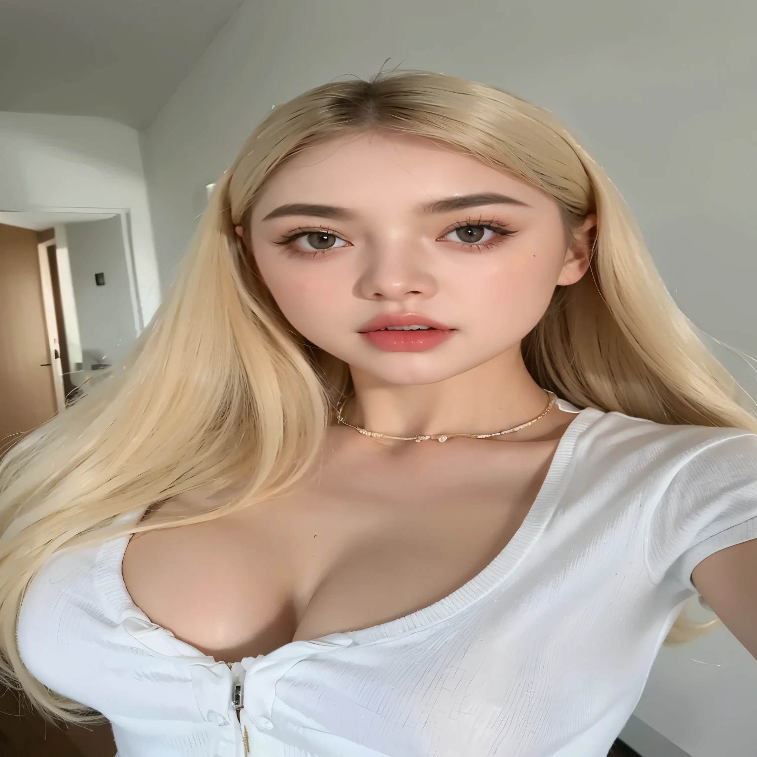 uma mulher com longos cabelos loiros e blusa branca posando para uma selfie, long cabelos loiros e olhos grandes, longos cabelos loiros e olhos grandes, ava max, soft flawless pale skin, cabelos loiros e olhos grandes, modelo bonita, modelo bonito da meninaral soft pale skin, hiper-realista , pale glowing skin, pale porcelain white skin, menina loiraa