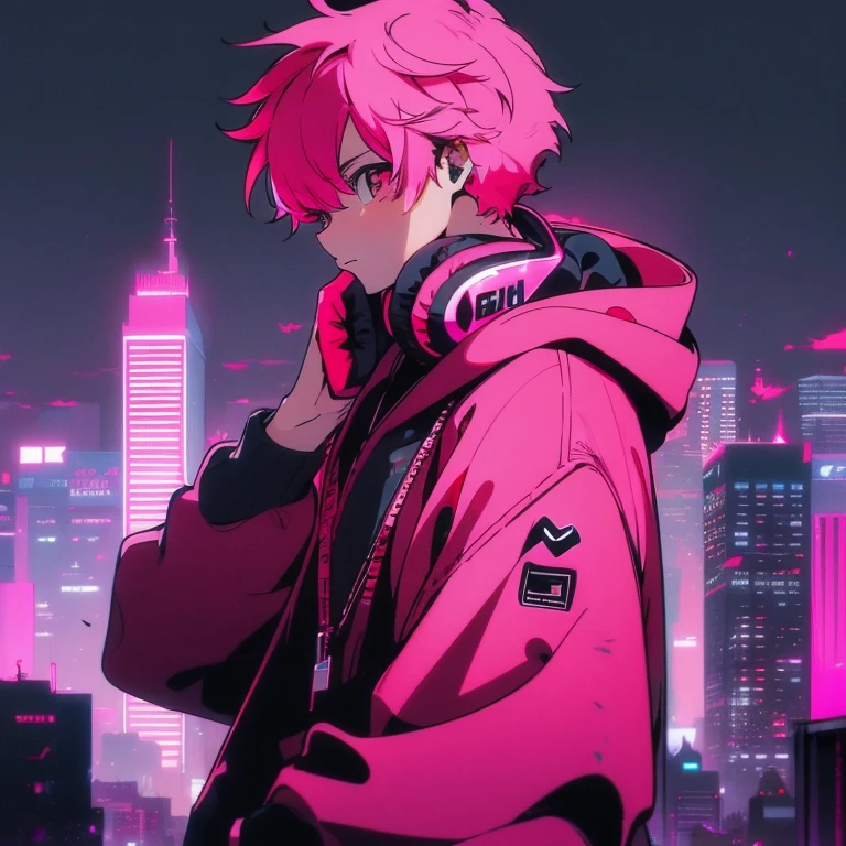 (short-cut), (Two-block hair), (vivid pink hair), (male character), (Red Eyes), (Cool pose), (of the highest quality), (masterpiece), (ultra-detailliert), (Oversized hoodies), (Street), (neons), (Camera from a down angle), (Modern City), (neonsデイライト), (Cinematic), (Stylish), (hight resolution), (Hyper Detailed), (Looking at the camera), (Anime-style), (Softtown), (nightcore), (a handsome man), (Listening to music through headphones), (natural appearance of the building), (casual), (ig studios anime style), (Super beautiful),