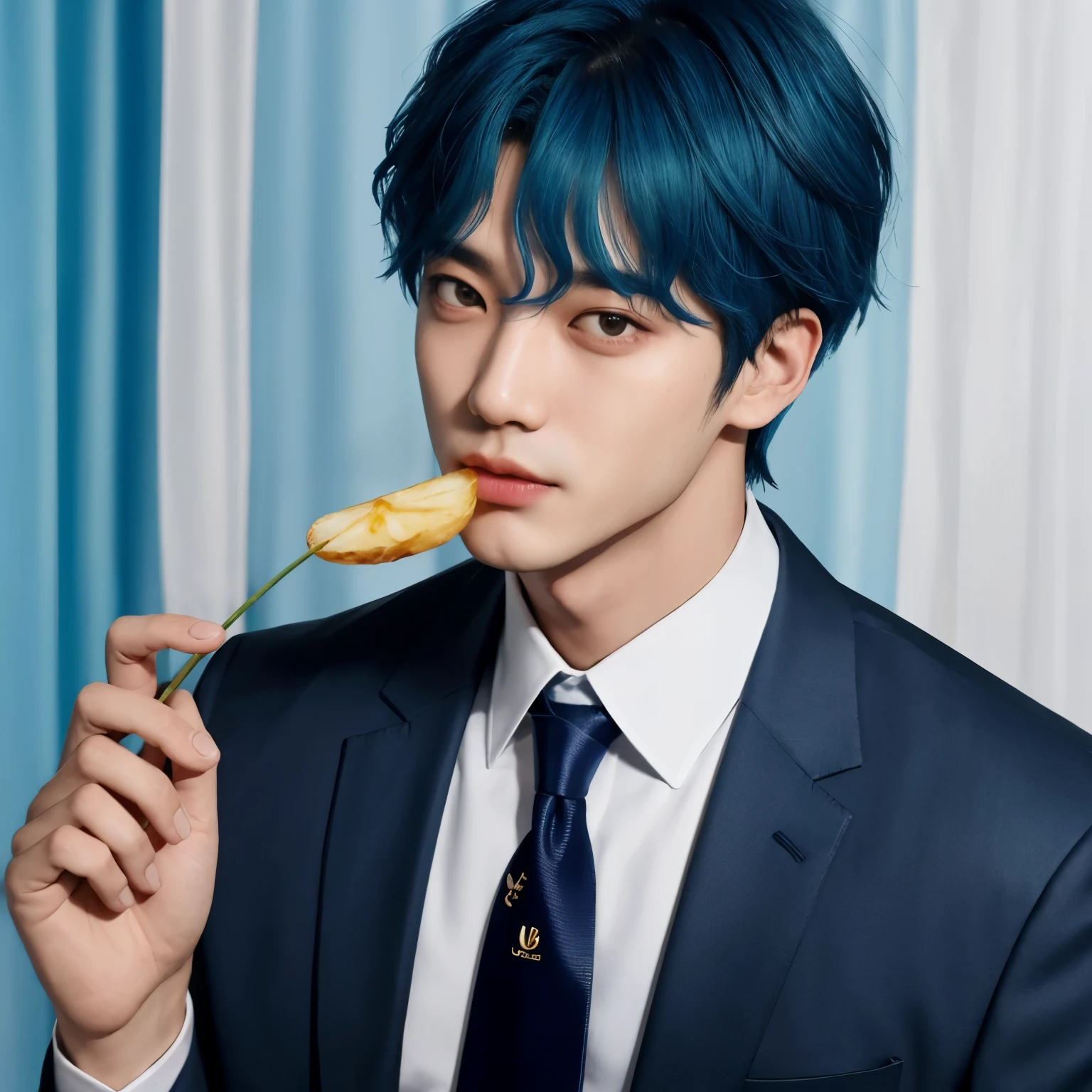 Arafed man with blue hair and tie in a room., Taehyung comiendo papas fritas Gucci, Yoongi de pelo negro, Kim Doyoung, taken in the early 2020s, jungkook, BTS, con ropa verde azulado, Hyung Tae, foto de perfil, color azul, Se tambalea, Inspirado por Jeonseok Lee, wry smirk