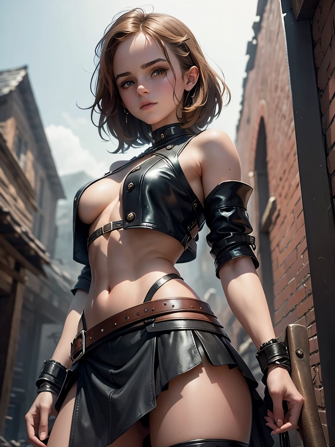 a beautiful teen emma watson dressed as a sexy blacksmith. forge. intricate leather costume, skirt, crop top, underboob. as a captivating figure amidst the desolation. slender and graceful. from below. background forge.
