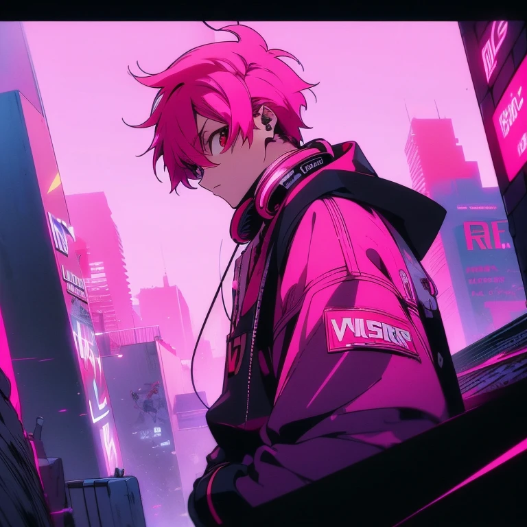 (short-cut), (Two-block hair), (vivid pink hair), (male character), (Red Eyes), (Cool pose), (of the highest quality), (masterpiece), (ultra-detailliert), (Oversized hoodies), (Street), (neons), (Camera from a down angle), (Modern City), (neonsデイライト), (Cinematic), (Stylish), (hight resolution), (Hyper Detailed), (Looking at the camera), (Anime-style), (Softtown), (nightcore), (a handsome man), (Listening to music through headphones), (natural appearance of the building), (casual), (ig studios anime style), (Super beautiful),