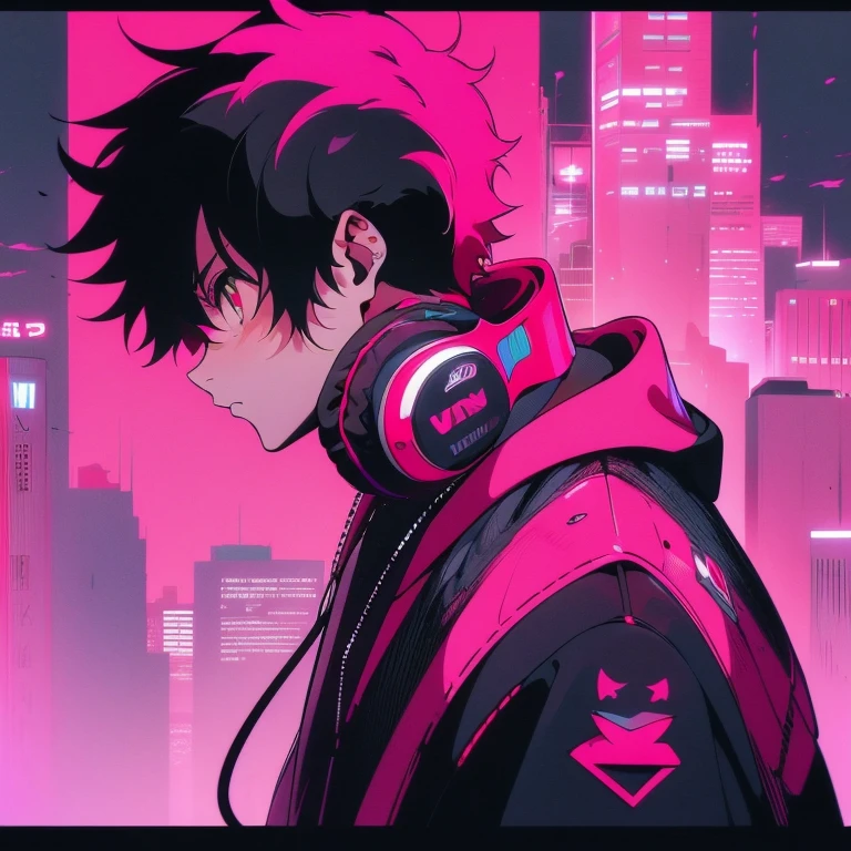 (short-cut), (Two-block hair), (vivid pink hair), (male character), (Red Eyes), (Cool pose), (of the highest quality), (​masterpiece), (ultra-detailliert), (Oversized hoodies), (Street), (neons), (Camera from a down angle), (Modern City), (neonsデイライト), (Cinematic), (Stylish), (hight resolution), (Hyper Detailed), (Looking at the camera), (Anime-style), (Softtown), (nightcore), (a handsome man), (Listening to music through headphones), (natural appearance of the building), (casual), (ig studios anime style), (Super beautiful),