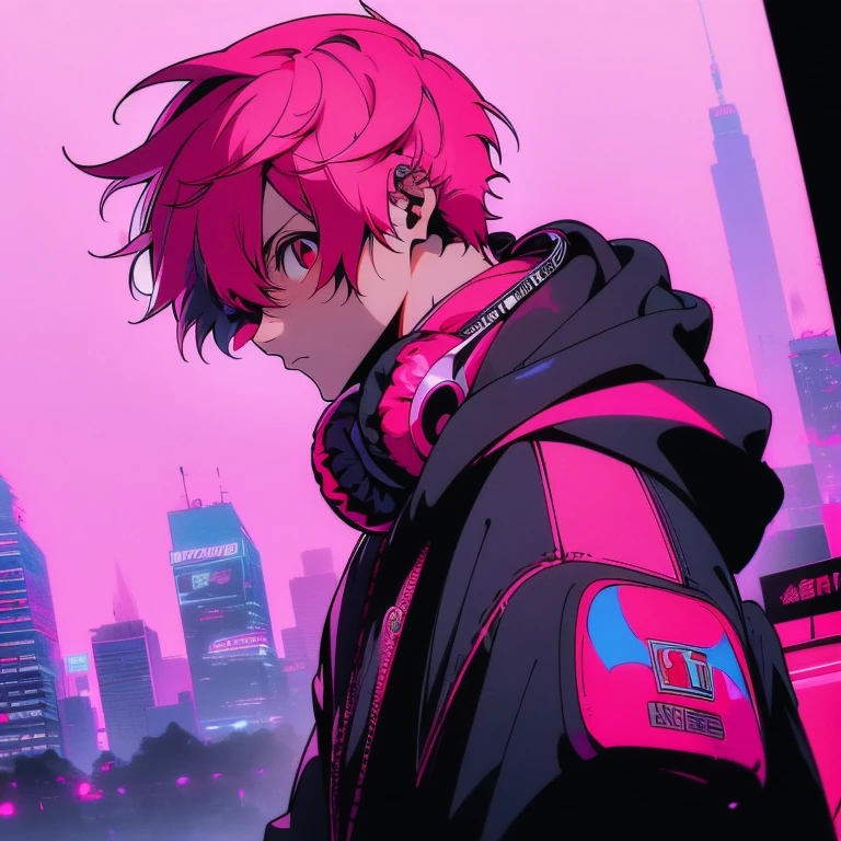(short-cut), (Two-block hair), (vivid pink hair), (male character), (Red Eyes), (Cool pose), (of the highest quality), (masterpiece), (ultra-detailliert), (Oversized hoodies), (Street), (neons), (Camera from a down angle), (Modern City), (neonsデイライト), (Cinematic), (Stylish), (hight resolution), (Hyper Detailed), (Looking at the camera), (Anime-style), (Softtown), (nightcore), (a handsome man), (Listening to music through headphones), (natural appearance of the building), (casual), (ig studios anime style), (Super beautiful),