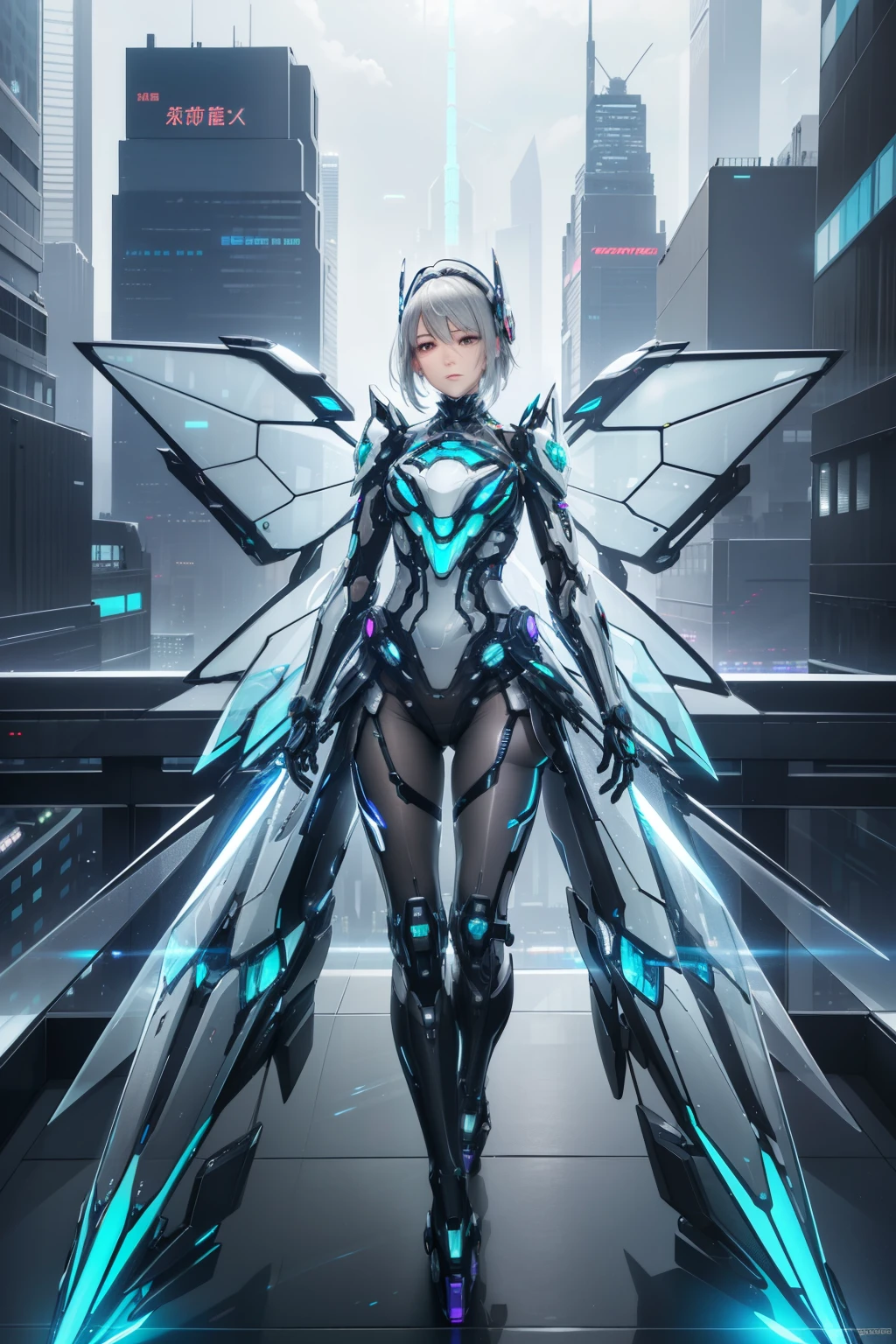 (Realistic:1.3), (Original:1.3), masutepiece, Best Quality, Beautuful Women, short-haired gray hair, ((Transparent futuristic glass mech armor)), neon halo, mechanical wings,large wings, skyscraper rooftop, Realism, elaborate details, deep in the night, Cyberpunk, neon accents,Maids