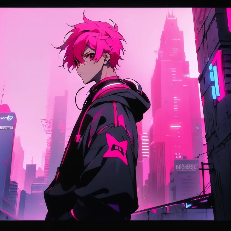 (short-cut), (Two-block hair), (vivid pink hair), (male character), (Red Eyes), (Cool pose), (of the highest quality), (​masterpiece), (ultra-detailliert), (Oversized hoodies), (Street), (neons), (Camera from a down angle), (Modern City), (neonsデイライト), (Cinematic), (Stylish), (hight resolution), (Hyper Detailed), (Looking at the camera), (Anime-style), (Softtown), (nightcore), (a handsome man), (Listening to music through headphones), (natural appearance of the building), (casual), (ig studios anime style), (Super beautiful),
