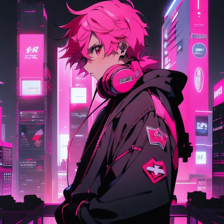 (short-cut), (Two-block hair), (vivid pink hair), (male character), (Red Eyes), (Cool pose), (of the highest quality), (masterpiece), (ultra-detailliert), (Oversized hoodies), (Street), (neons), (Camera from a down angle), (Modern City), (neonsデイライト), (Cinematic), (Stylish), (hight resolution), (Hyper Detailed), (Looking at the camera), (Anime-style), (Softtown), (nightcore), (a handsome man), (Listening to music through headphones), (natural appearance of the building), (casual), (ig studios anime style), (Super beautiful),