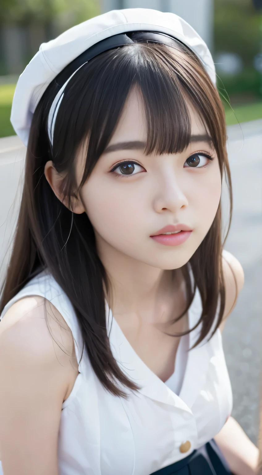 NSFW, 8k RAW photo, ((Sailor School Uniform))top-quality, masterpiece,kawaii faces、dual、 A smile、kawaii faces、超A high resolution, filmgグレイン, filmg, 1girl in, looking at the viewers, natural skin textures, realistic eyes and face details, Perfect tooth alignment、Perfect eyes and perfect mouth、 bangss, 別れたs lips, s lips,