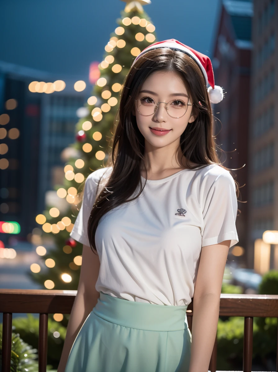 official art, unity 8k wallpaper, good detailed, beautiful and aesthetic, beautiful, masterpiece, best quality, Calming Palette, Tranquil Mood, Soft Shading, pastel color, 1girl, solo,__body-parts__,__on-off__,__hairstyles__, (smile), eye-glasses, perfect hand, perfect fingers, christmas shirt, blouse, long skirt, edgy pose, contrapposto, trendy, stylish, cute, intricate background, outdoors, christmas tree, december, snow, night, party