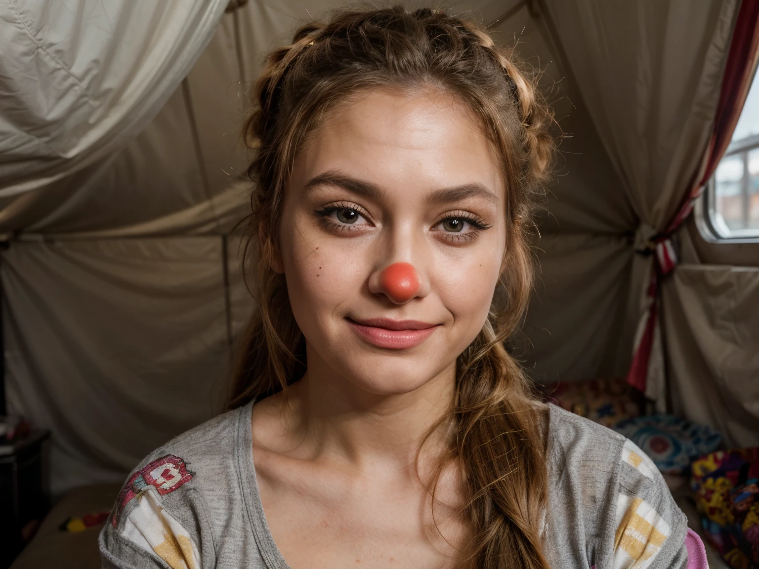 film photo, solo female, mixed race, brown skin, (portrait:1.7), best quality、high resolution, photorealistic, hyper detailed, beautiful woman with (long brushed hair:1.2), taken (webcam photo angle:1.2,), ((removing her clown makeup:1.2)) she's sitting inside vintage circus wagon, old circus performer, worn circus wagon interior, woman is removing the clown makeup on her face, smearing her clown makeup, (interior cozy circus wagon tent, (evening)), she's facing the viewer, tired, makeup is half on and off, smearing it to clean her face, (comfortable), lovely sweet woman, dimples, ultra high res, RAW, relaxed arms holding cotton, pad to remove makeup, (beautiful detail in clown face makeup), open, inviting gestures, warm and pleasant, posting from circus wagon dressing room, old posters of circus animals, authentic ringling bros circus poster, circus lithos, old circus bills, intimate POV, (she's close to webcamera:1.1))、a beautiful exotic woman (High detailed skin:1.2), detailed eyes, ((video call))l asmr pov, (blushing:1.7,smiling:0.3, ), Leica camera quality, Digital SLR, Soft lighting, High quality, FujifilmXT3, sunsetting light、Taken inside tent wagon、Sit down close to her, skin peachfuzz and pore details, radiant、natural Golden blonde hair in ponytail, (her ponytail is being grabbed:1.2, someone pull her long ponytail)),A slight smile、american south Swedish, eye gazing with her, intimate relaxed style photoshoot