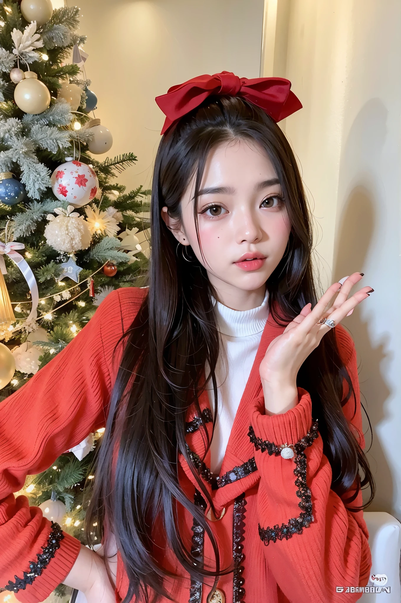 a closeup of a person wearing a red sweater and a red bow, ulzzang, Wan adorable cara coreana, Sakimichan, Tohsaka also., ruan Lindo vtuber, Chica coreana, 8k)), lazo rojo en el cabello, Zmonzheng, UWU, 🍁 Lindo, Sha Xi, un lazo rojo en su cabello