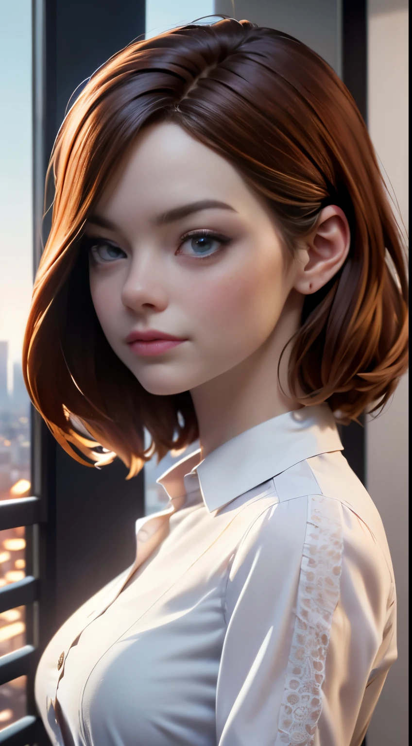 photo of Emma Stone, RAW, beautiful woman, ((portrait)), ((detailed face:1.2)), ((detailed facial feature, detailed skin, clear skin), (perfect proportioned body), (wearing a shirt dress) (high detailed city environment, apartment balcony), (realistic photo, best quality, detailed), (8k wallpaper), (cinematic lighting, dramatic lighting) (sharp focus, intricate)