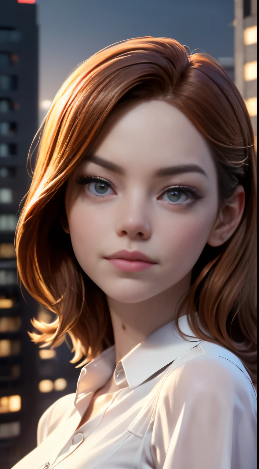 photo of Emma Stone, RAW, beautiful woman, ((portrait)), ((detailed face:1.2)), ((detailed facial feature, detailed skin, clear skin), (perfect proportioned body), (wearing a shirt dress) (high detailed city environment, apartment balcony), (realistic photo, best quality, detailed), (8k wallpaper), (cinematic lighting, dramatic lighting) (sharp focus, intricate)