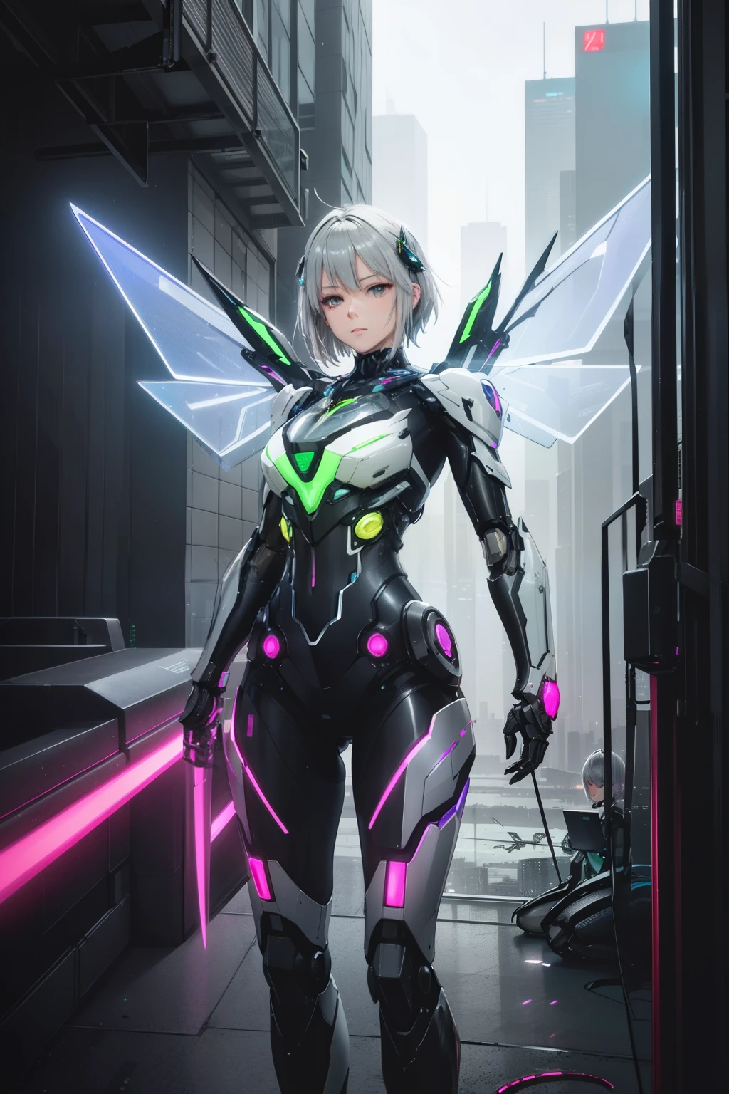 (Realistic:1.3), (Original:1.3), masutepiece, Best Quality, Beautuful Women, short-haired gray hair, ((Transparent futuristic glass mech armor)), neon halo, mechanical wings,large wings, skyscraper rooftop, Realism, elaborate details, deep in the night, Cyberpunk, neon accents,Leprechaun