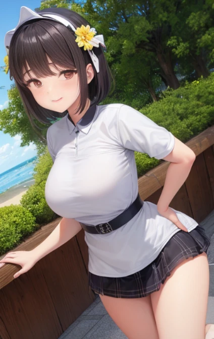 1 Woman, 独奏, White polo shirt, White sneakers, 
, white mini-skirt, (shiny skins, perspired:1.4), looking at viewert, with short black hair, A high resolution,(middlebreast:1.6),(Thigh thick:1.0),luring,sky sky，ultra - detailed，tmasterpiece，Best quality at best，blush blush，Yazawa Nico,red eyes, face flushed,Blunt hair,On the ground, chubbiness，ssmile，both hands on hip，Frontal viereet，Flower headdress，mature，adolable