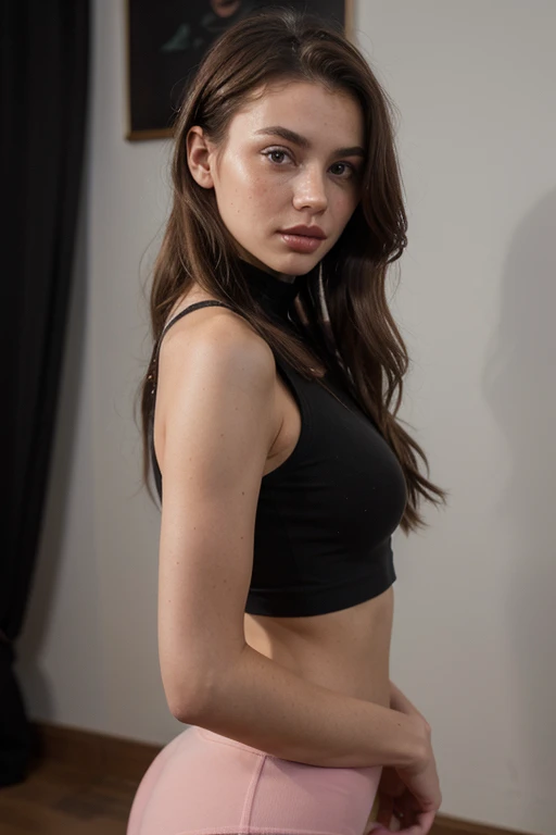 ((best quality)), ((masterpiece)), (detailed), perfect face realistic photo of beautiful woman with long dark brown hair, Russian, influencer, light freckles, dark brown eyes, big lips, no makeup, insagram, standing next to black wall, wearing sexy pink yoga pants