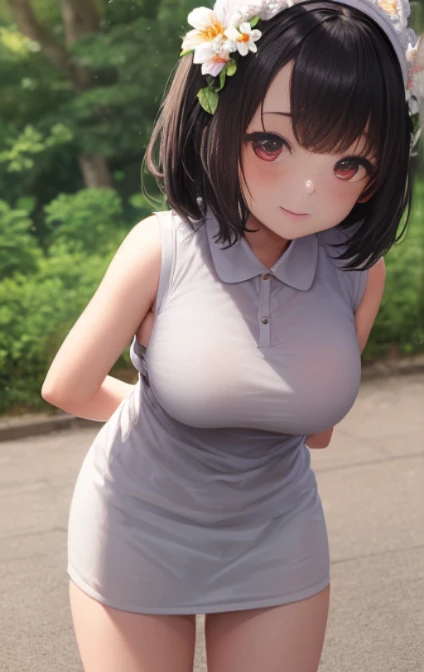 ung girls, 独奏, White polo shirt, White sneakers, 
, white mini-skirt, tmasterpiece, Best quality at best, realistically, ultra - detailed, (shiny skins, perspired:1.4), Huang Li, looking at viewert, with short black hair, with brown eye,slenderness,Dynamic light and shadow,A high resolution,Focus sharp,depth of fields,The eyes are delicate,Sharp pupils,student reality,(Bigchest:1.6),(upper legs粗:1.0),luring,sky sky，ultra - detailed，tmasterpiece，Best quality at best，love letter，blush blush，Yazawa Nico,red eyes, On the cheongsam,face flushed,Blunt hair,On the ground, upper legs，chubbiness，ssmile，both hands on hip，Frontal viereet，Flower headdress