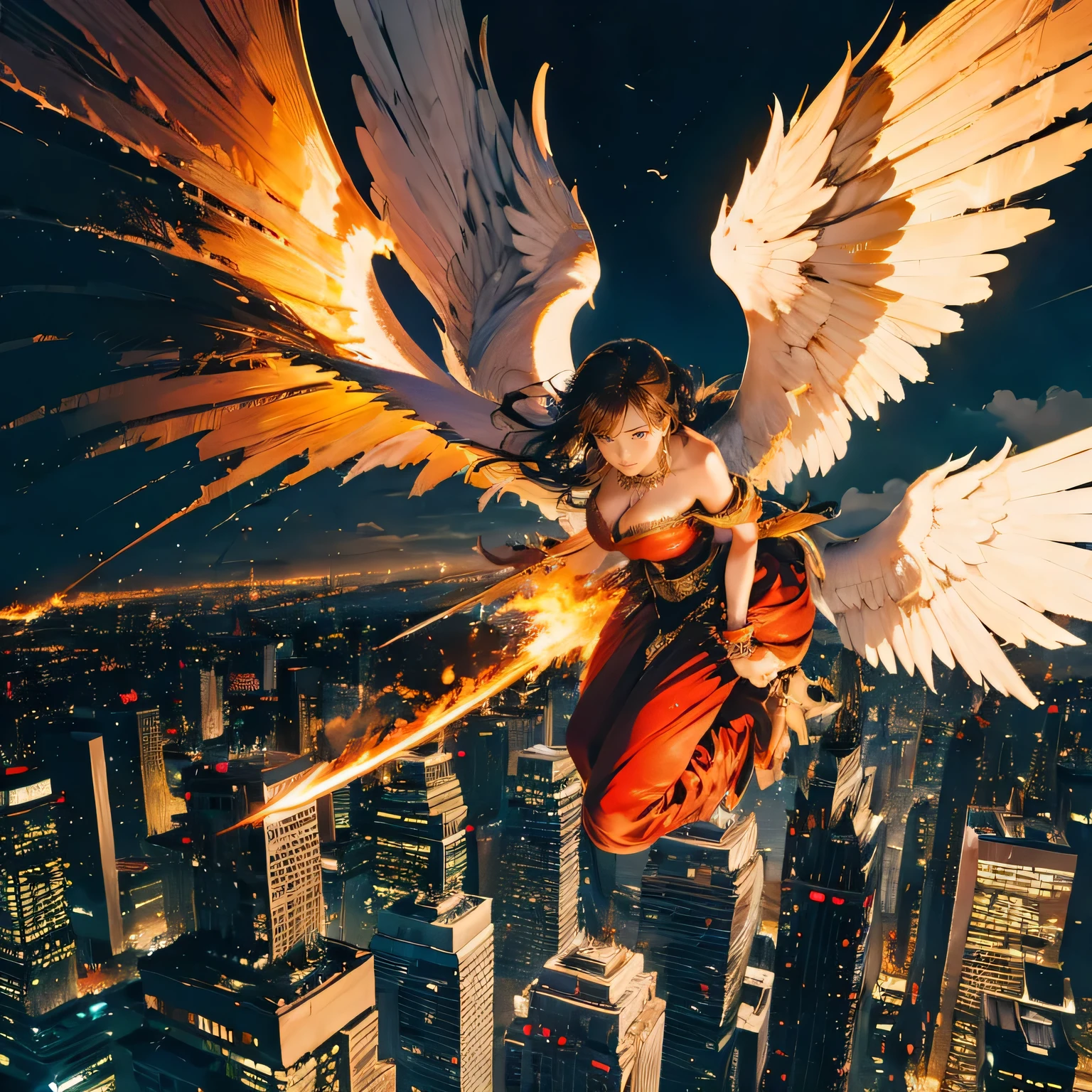 (mechanical), thunderstorm, having sword on fire, necklace on fire, (apocalypse), (flying above the city), huge angel, in the city, huge fire looks like wings, drooping eyes, sleepy,