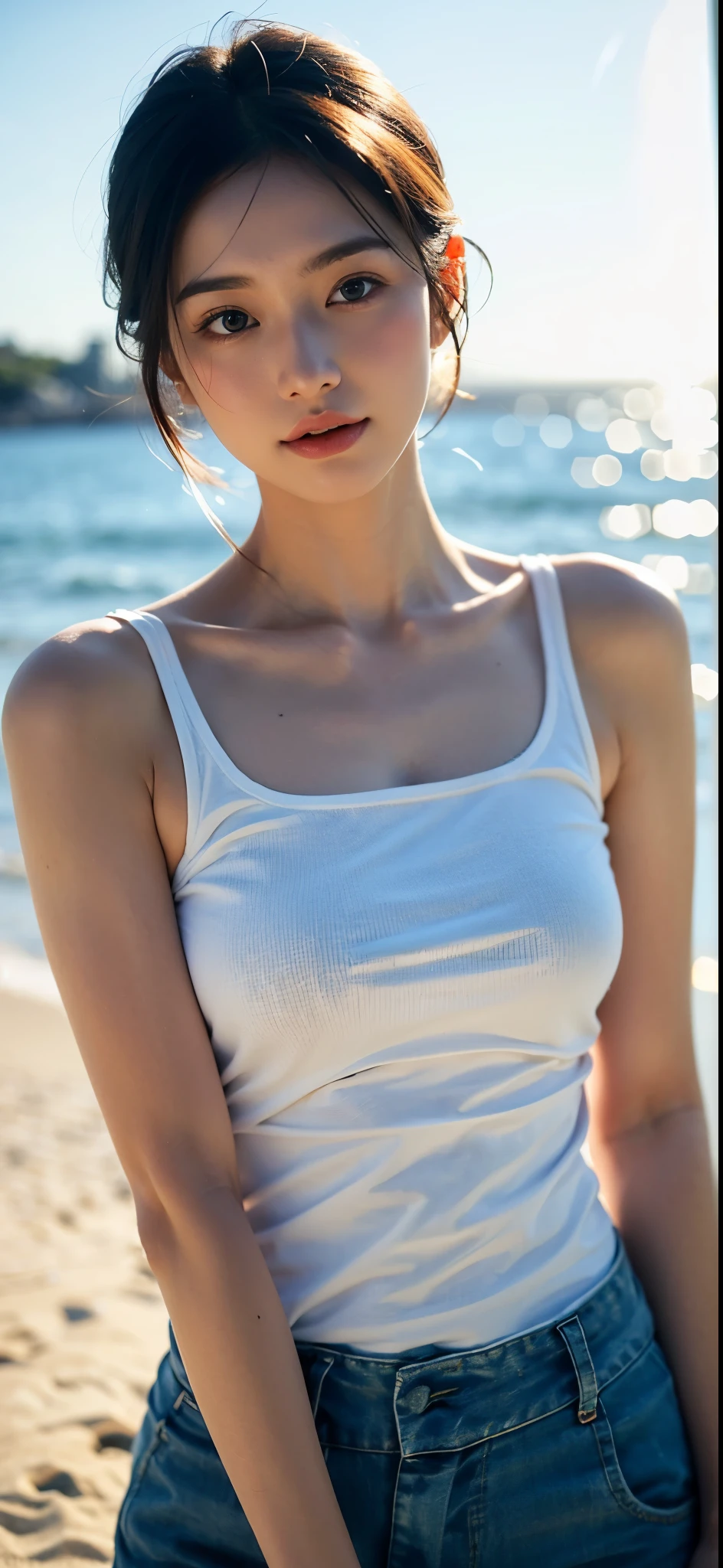the most beautiful woman there ，Show off your figure，The most realistic，Pull your upper body closer，short detailed hair，Sunlight shines，sea beach