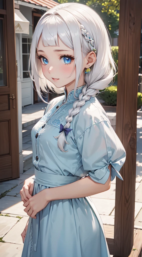 30 years old,thirties, early thirties,((thawb)), braid, ((short bangs:1.4)), (white hair), (best quality:1.3), (highres1.3), (clear1.3), (8k:1.3), masterpiece, (detailed:1.1), 1girl, beautiful detailed eyes, beautiful detailed lips, extremely detailed eyes and face, long eyelashes,, blue eyes, shy smile, perfect proportion, face close up, blush, forehead, parted_lips, cowboy_shot, blue flower jewelly, platinum_trim, jewelry,glint, sparkle, light_rays lens_flare light_particles, hyper detailed, high detail, exquisite detail