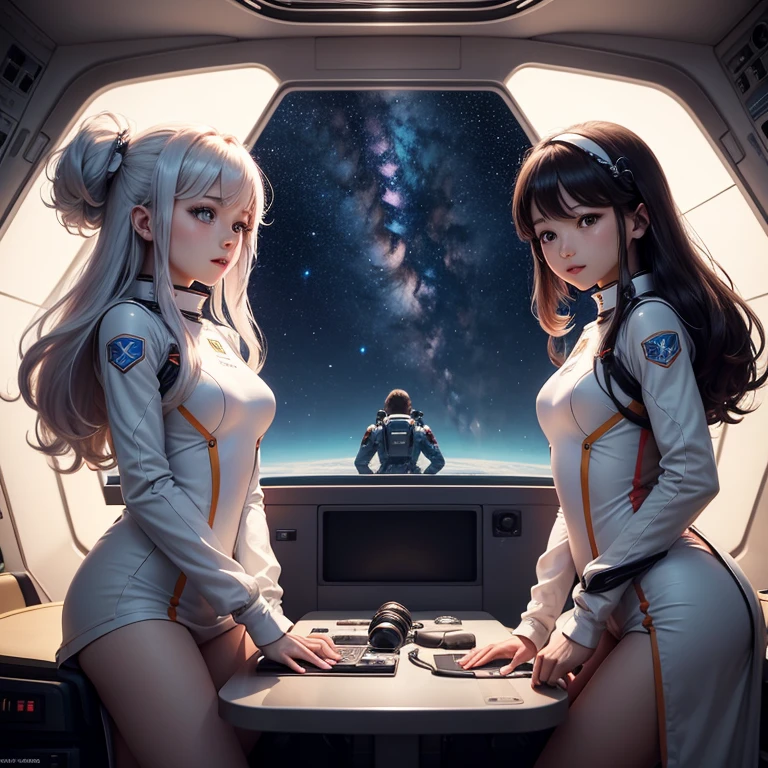 inside a spaceship,The space is relatively large,There are four young people,2 men,2 women,They wear spacesuits,No helmet,The hair is very flowy,They stand in front of the camera,There is a console at the back,a window in the wall,Outside the window is the Milky Way starry sky,dazzling。They are smilinicrophone in hand,Singing heartily。,