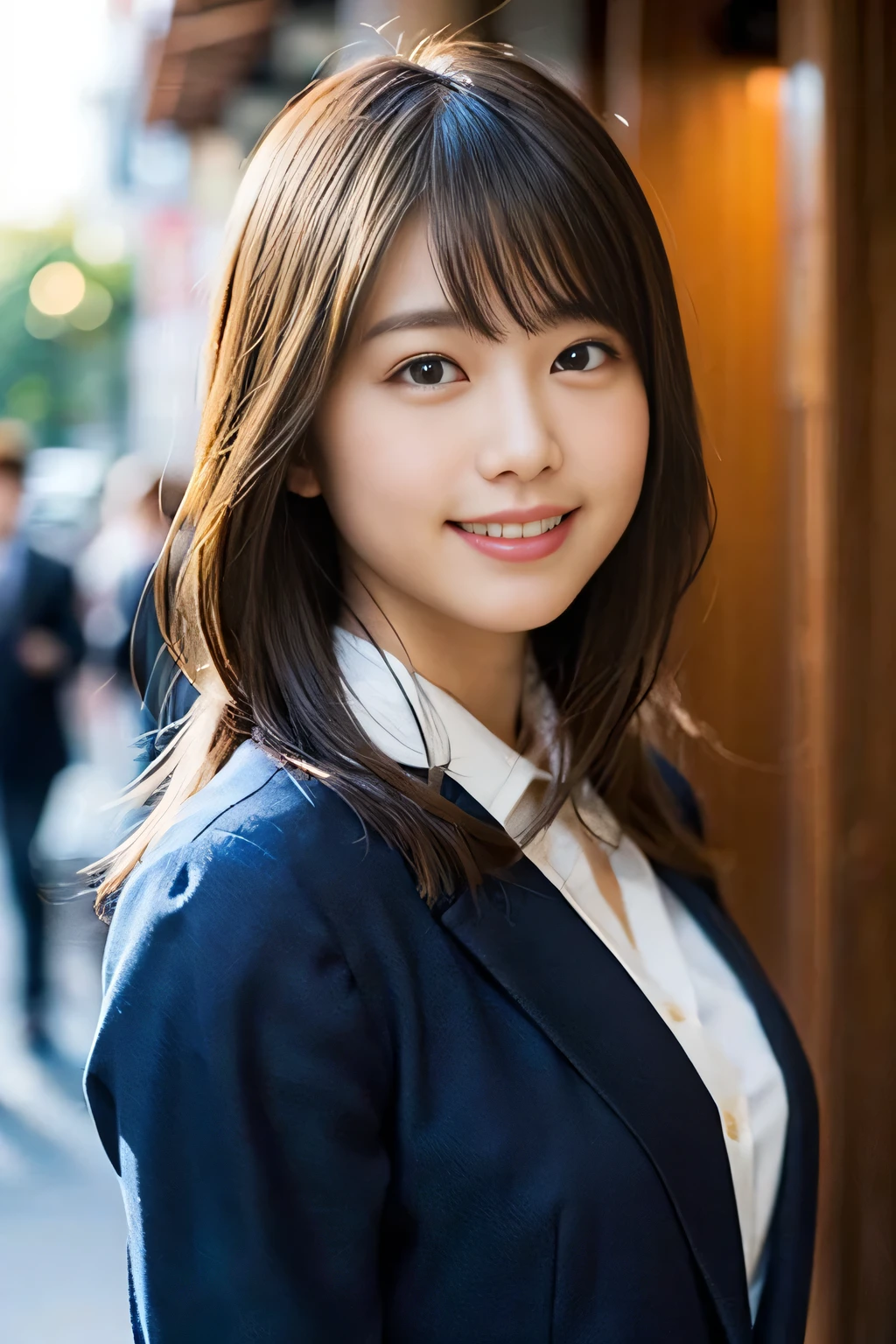 (8K、Raw photography、top-quality、masterpiece:1.2)、(realisitic、Photorealsitic:1.37)、ultra-detailliert、超A high resolution、1人、see the beholder、beautifull detailed face、A smile、Constriction、(Slim waist) :1.3)、Beautiful detailed skin、Skin Texture、Floating hair、Professional Lighting、Whole human body、Longhaire、a blond、日本のUniversityの制服、high school giller suit、Bob Hair、University、Happy smile