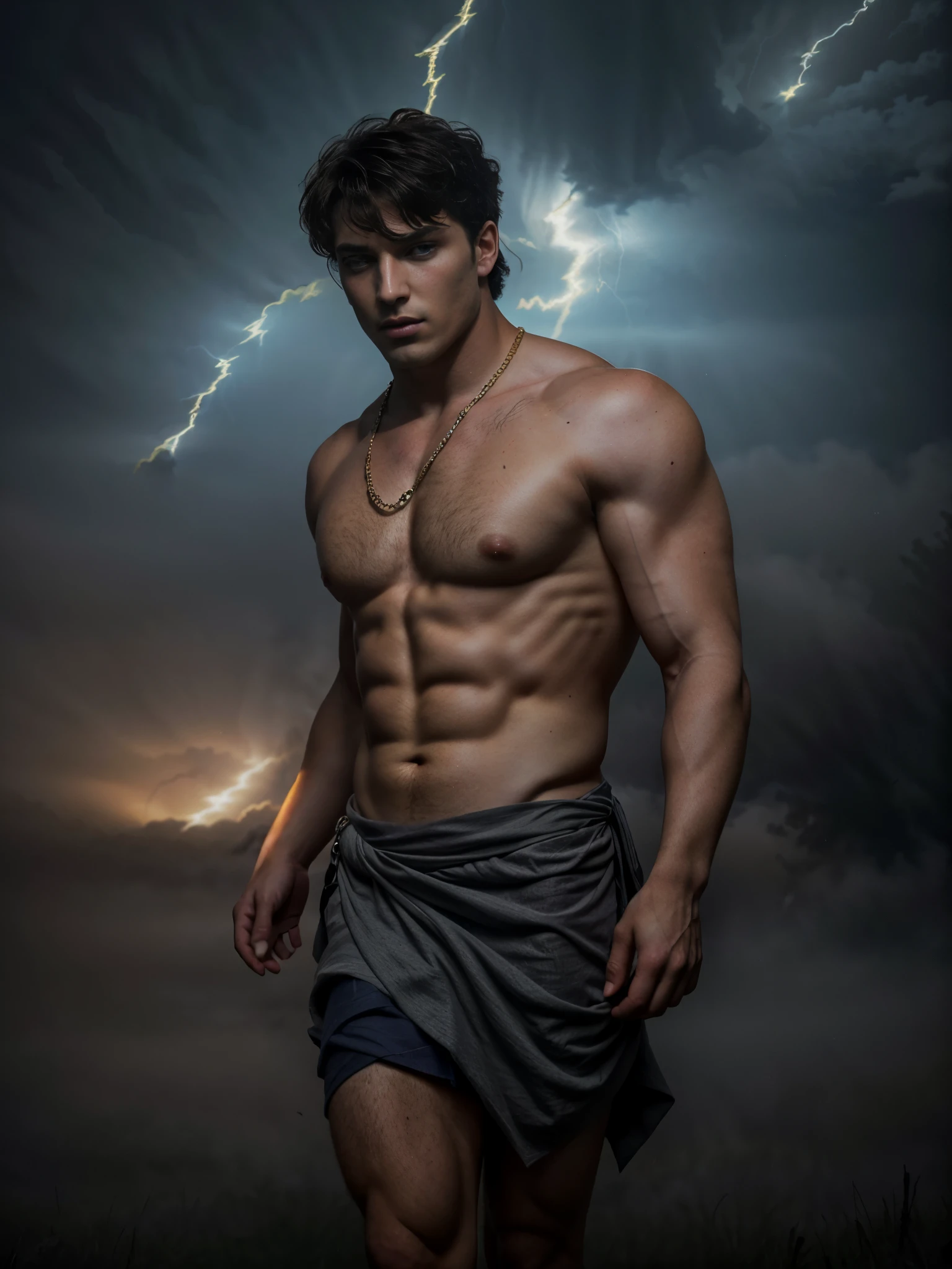 ((masterpiece)),((best quality)),8k, high detailed, ultra-detailed, Stylish Pose, real skin texture, dark cinematic lighting, 24 year-old Italian male model, (handsome italian:1.8), cute looking, divine look, powerful light blue eyes, Zeus god, god of thunder, Jupiter, godly, , bending electricity, displaying the ability to manipulate lightning, creating massive lightning, white pale skin, roman god physic, intense blue eyes, dry hair dry short brown messy hair, strong jawline, masculine, muscular, defined fit body, hairless chest, shirtless, pantless, open sea, sinister aesthetic, black storm clouds, arm bracelet. (lightning:1.6) clouds, (thunder:1.5), walking towards the camera (in the middle thick fog:1.7), (night dark storm:1.5), barelegged, barefoot, antique linen spartan loincloth, white linen antique draped cloth skirt, (golden chain in roman loincloth:1),,,, dim light, dark atmosphere, cinematic lighting, Depth of field, award-winning photography, elegant, hyperrealistic, octane render, unreal, high definition, 8k resolution, highly detailed, 8k uhd, professional lighting, photon mapping, radiosity, physically-based rendering