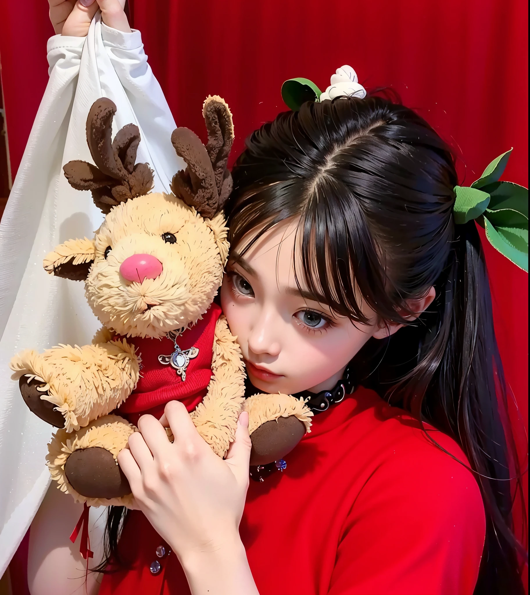 Chica araffe con un vestido rojo sosteniendo un reno de peluche., ulzzang, Sakimichan, foto de perfilture, 🤬 🤮 💕 🎀, exclusivo, oficial, warm, foto de perfil, ✨🕌🌙, Sakimi Chan, 😭🤮 💔, Ruan lindo vtuber, Tohsaka also., Sha Xi