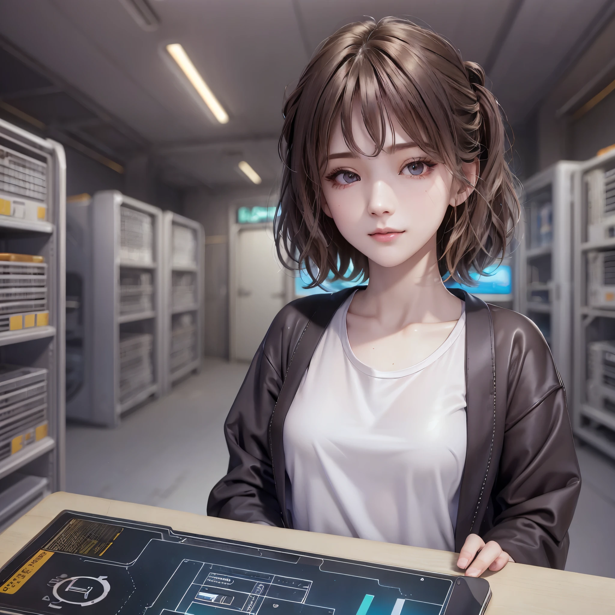 (full bodyesbian:1) A young girl's, smart casual, Hacker's server room, 详细的脸, ((Cool expression)), (Short straight hair with thin bangs:1.2), hyperedetailed photo, (realisticlying), (Complicated details:1),(tmasterpiece :1), (Best quality at best:1), 超高分辨率, (詳細な目), (detailedfacialfeatures), HighDynamicRange, 8K分辨率, (lens flare glow:0.5), Light comes from a distance, (ssmile, delight)