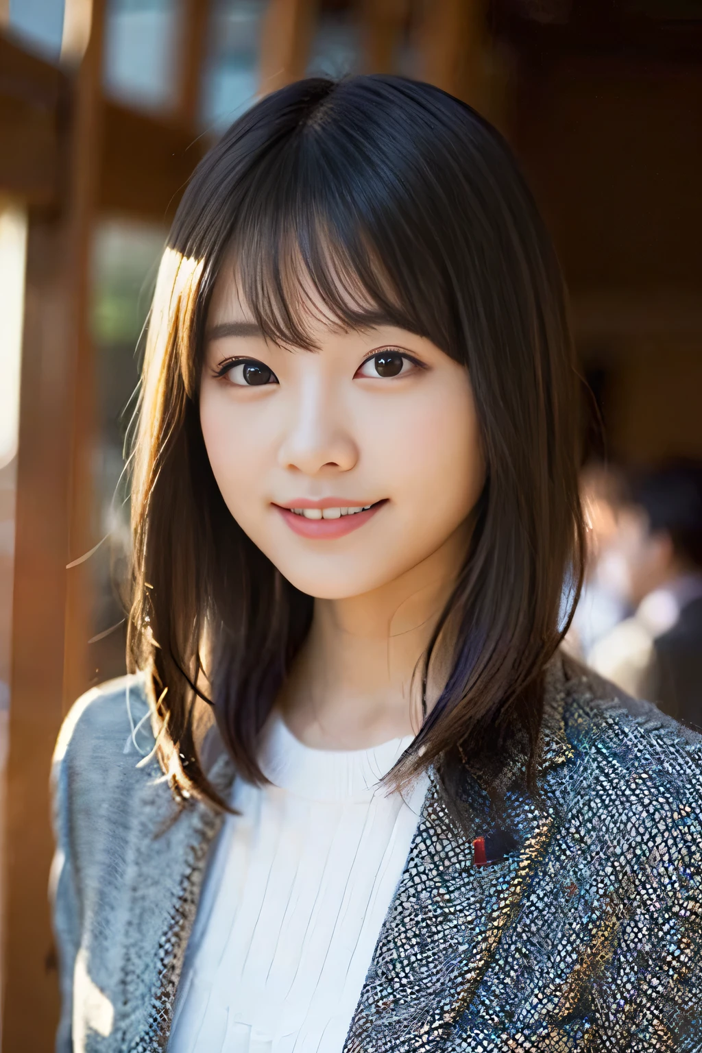 (8K、Raw photography、top-quality、masterpiece:1.2)、(realisitic、Photorealsitic:1.37)、ultra-detailliert、超A high resolution、1人、see the beholder、beautifull detailed face、A smile、Constriction、(Slim waist) :1.3)、Beautiful detailed skin、Skin Texture、Floating hair、Professional Lighting、Whole human body、Longhaire、a blond、日本のUniversityの制服、high school giller suit、Bob Hair、University、Happy smile