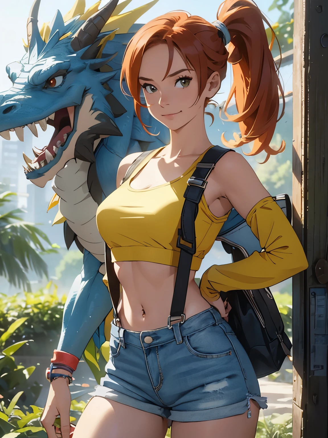1girl, Misty from Pokémon, standing outdoors with a confident smile. Orange hair styled in a side ponytail, wearing denim shorts with suspenders, yellow crop top that shows off her midriff and navel. Yellow tank top. Cowboy shot posture exudes confidence and strength.
Misty is accompanied by a cute Dragon.
Overall, the image is a masterpiece, with high-quality details and a realistic rendering of Misty, her outfit, and her companion dragon. The colors are vivid and eye-catching, and the image is high-resolution, capturing every nuance of Misty's confident and adventurous spirit.