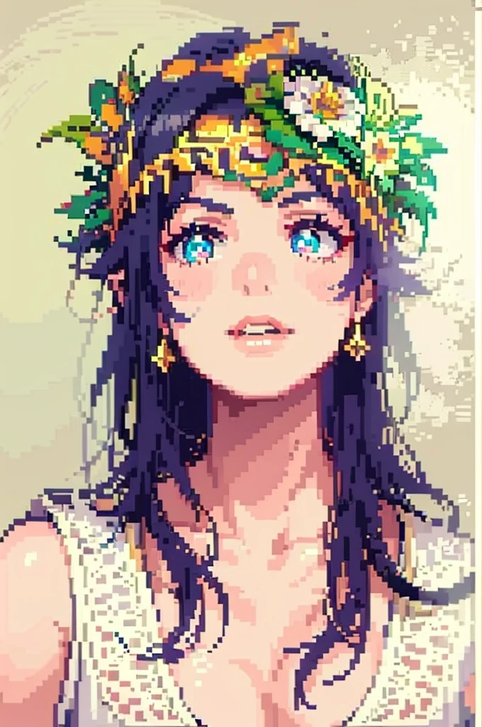 there is a woman with a flower crown on her head, flower storm portrait,,((pixelart style)), pix, 4-bit pixel art, Pixel Art Official, nada paralir, Pixel art super detailed, ((mario)), Cogumelos, Mario Senas, borgar, treasure chests, sheets, Pasta agent