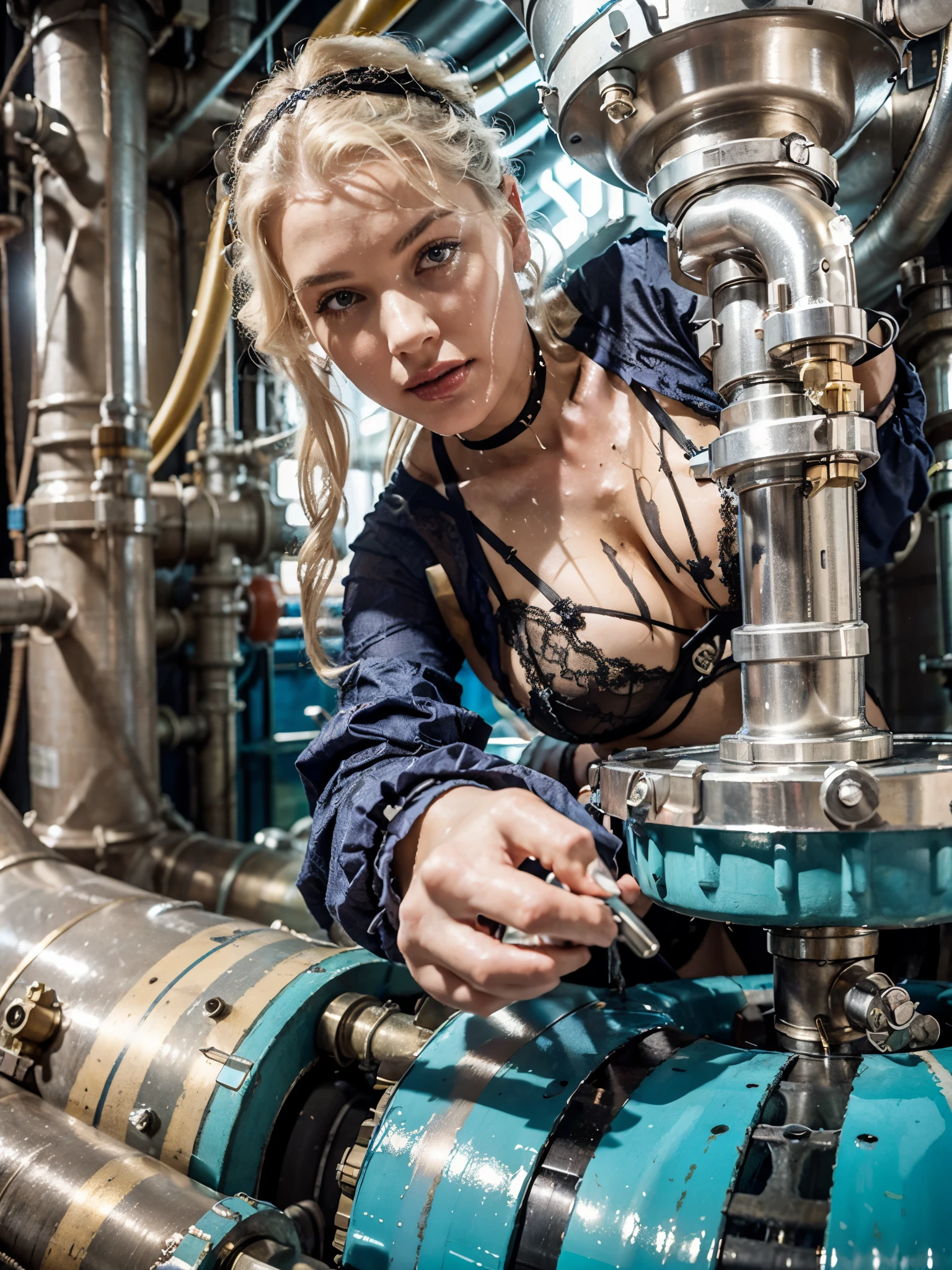 A beautiful woman in lingerie repairs a sewage pump in the sewage treatment plant of a cruise ship, similar to Marilyn Monroe, but white wavy hair, dressed in steampunk, cyberpunk style, high detail, dark atmosphere, hyper-realistic photography, cinematic quality, high detail