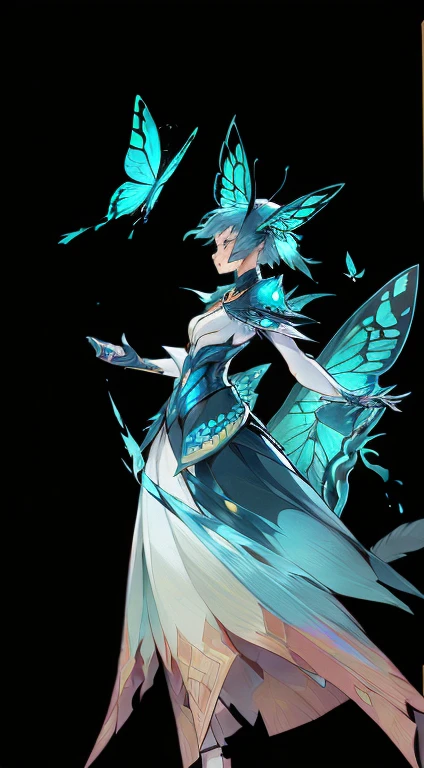 (1 Anthropomorphism of a butterfly's standing body painting, (((独奏))), (tmasterpiece,top Quority,beste-Qualit), ((Anthropomorphism of butterflies)), (((独奏))),Conceptual diagram of the structure of a human butterfly, Creature Armor, Winner of the Character Design Contest, Magic Butterfly, great character design,, Butterfly Man Fantasy, ((Magic style,Medieval art,Western aesthetics)), Interesting character design, insect trainer girl, No type, cushart kenz, full body concept, high quality character design, (((独奏))), The Art of Character Design, ((very background))、(Game Character Design), with black background(((flatcolors)))
