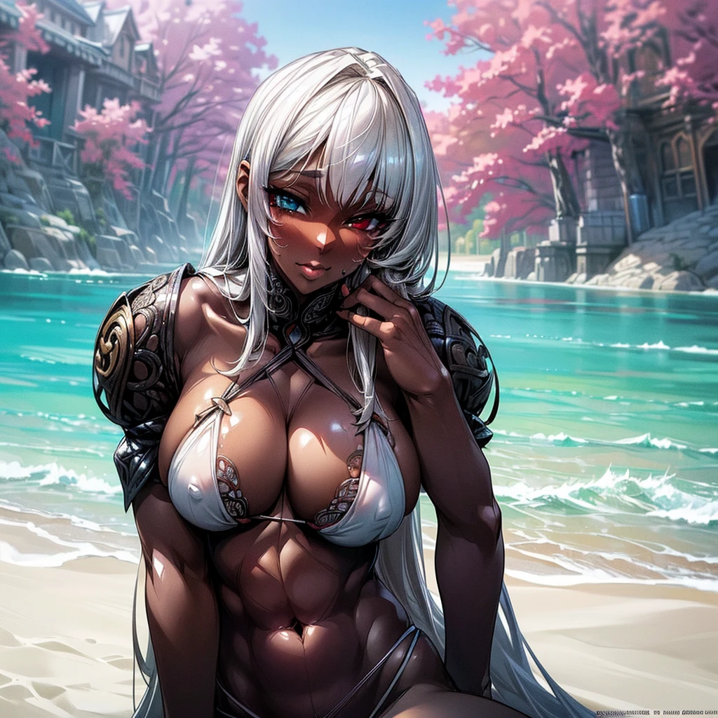 (((masterpiece))), (((best quality))), ((8k)), ((ultra-detailed)), (1 dark-skinned human female: 1.2), (white hair 1.3 ), (((Heterochromia, in the eyes, red and yellow: 1,2))), full body, sexy body, big breasts, wallpaper, pinterest, badass photo, (((Official art, masterpiece, ultra-detailed ) ) ), (((best quality: 1.2, intricate details, ultra-high resolution: 1.2))), (tight bikini: 1.2), half, low-cut, sexy May, model photo, cleavage, swimwear, Fantasy Art , (Fantasyart), sexy body, big breasts, subtle cleavage, Hot summer, beach photo, beach, sea, cinematic photo, natural light, light particles, wallpaper, pinterest, perfect photo, photo depth