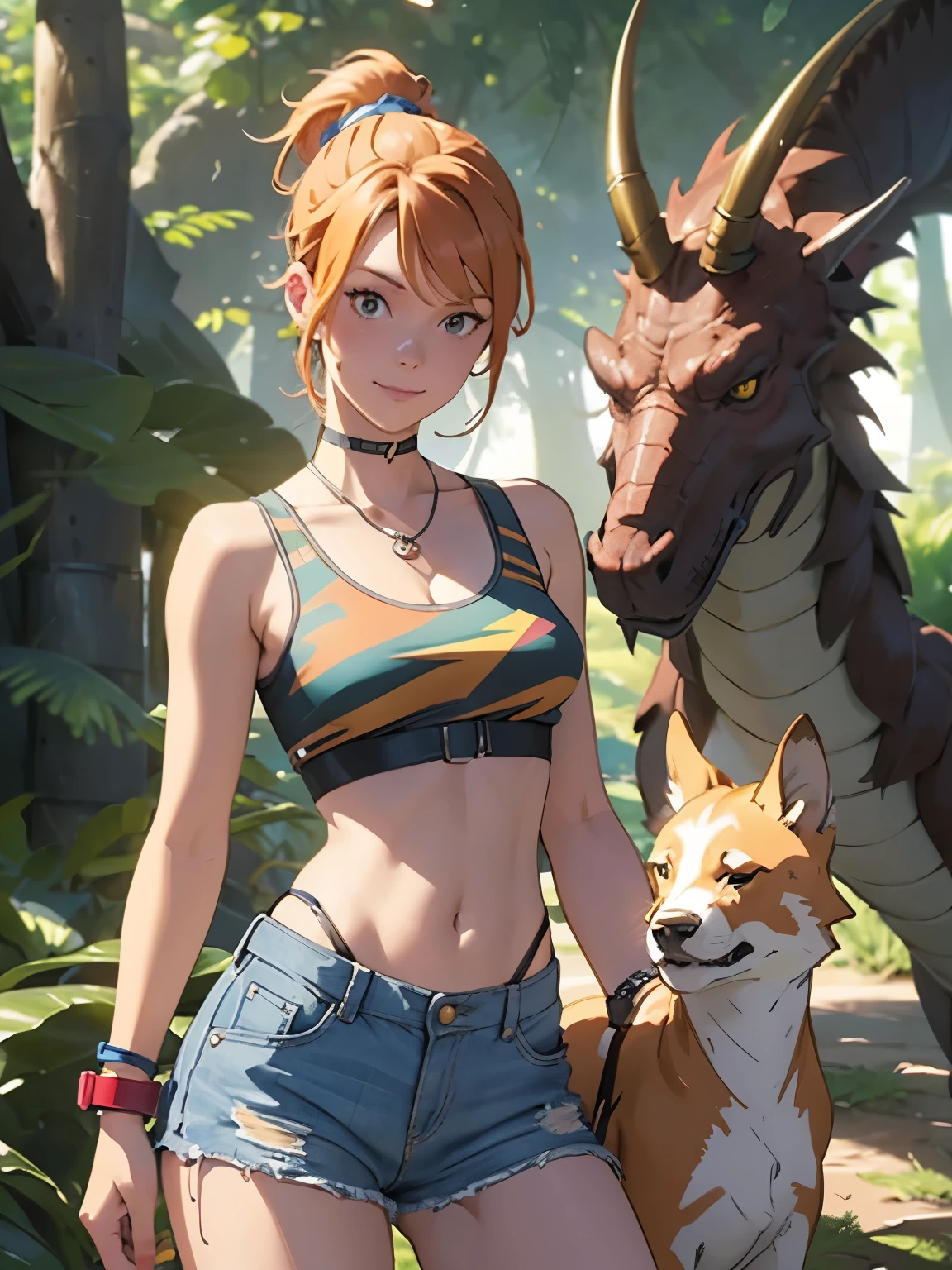 1girl, Misty from Pokémon, standing outdoors with a confident smile. Orange hair styled in a side ponytail, wearing denim shorts with suspenders, yellow crop top that shows off her midriff and navel. Yellow tank top. Cowboy shot posture exudes confidence and strength.

Misty is accompanied by a cute Dragon.

Overall, the image is a masterpiece, with high-quality details and a realistic rendering of Misty, her outfit, and her companion dragon. The colors are vivid and eye-catching, and the image is high-resolution, capturing every nuance of Misty's confident and adventurous spirit.