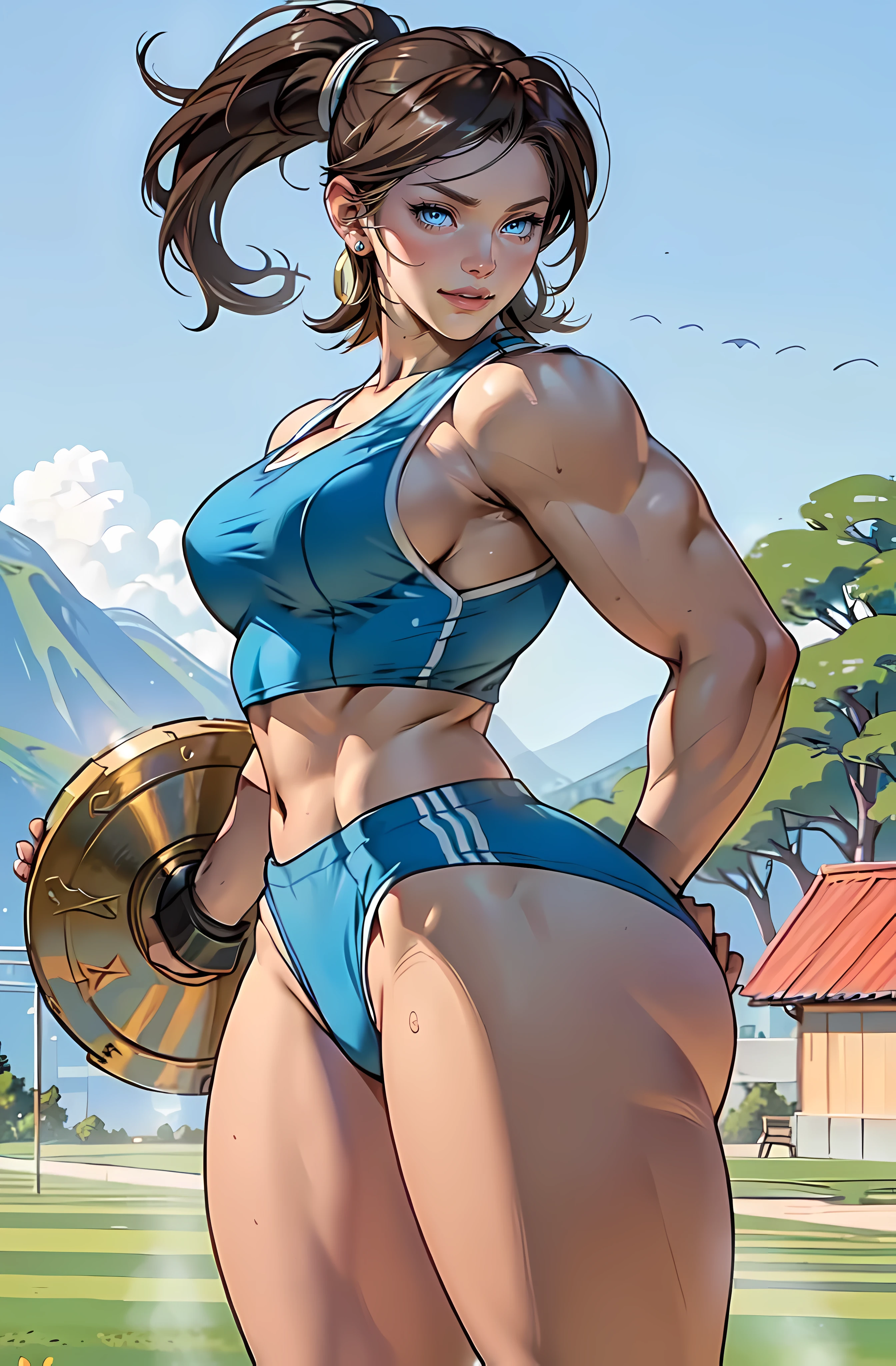 masterpiece, 1girl, a close up of a white skin cartoon of Katheryn Winnick with a huge ass, athletic girl, Chun Li on the field throwing shotput, cutesexyrobutts, very beautiful, oc commission, thick body, thicc, feminine and muscular, small hoop earrings, smirking