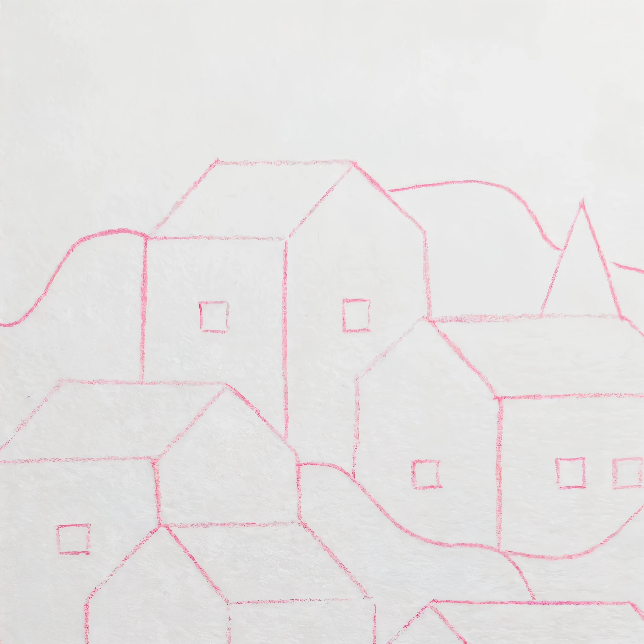 Close-up of city map drawn with red pencil, some house in the background, Inspired by Philip Guston, house, inspired by Ben Nicholson, red the roof, house and roads, house and buildings, white buildings with red the roof, small house,, the roof, multi-point perspective,  shadow nature，villages
